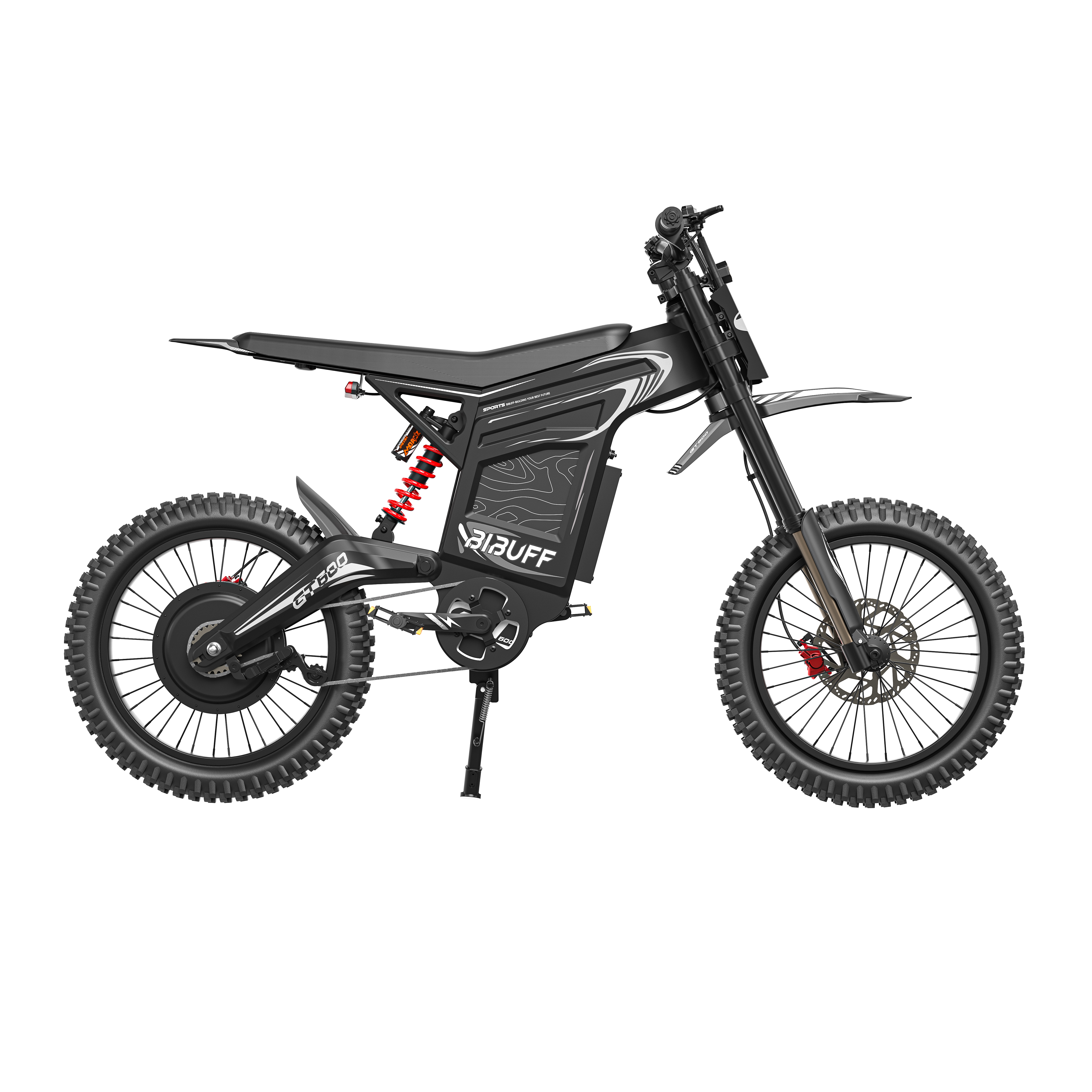 Una moto eléctrica negra con neumáticos de tacos y un amortiguador rojo sobre fondo blanco.