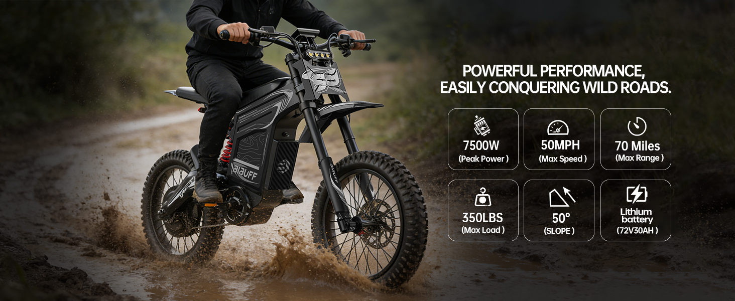 Una moto de cross eléctrica negra circulando por un charco, con texto e iconos de rendimiento a la derecha.