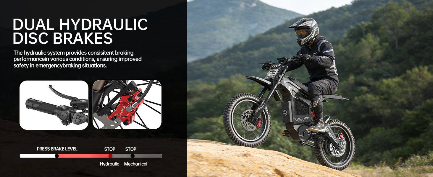 Un motociclista en una moto de cross eléctrica al aire libre, con infografías sobre frenos de disco hidráulicos dobles.