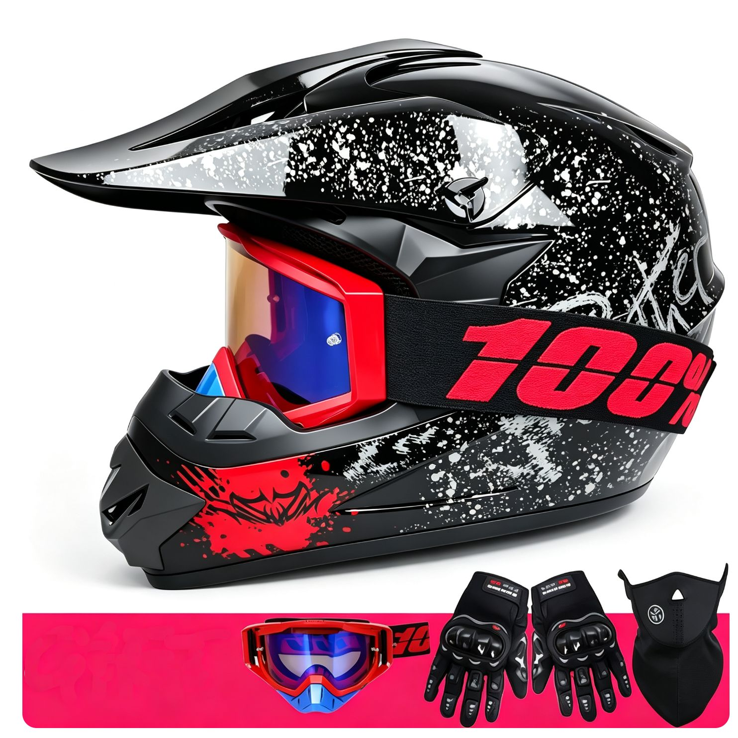Casco de motocross negro con patrón de salpicaduras blancas, gafas rojas, guantes y mascarilla.