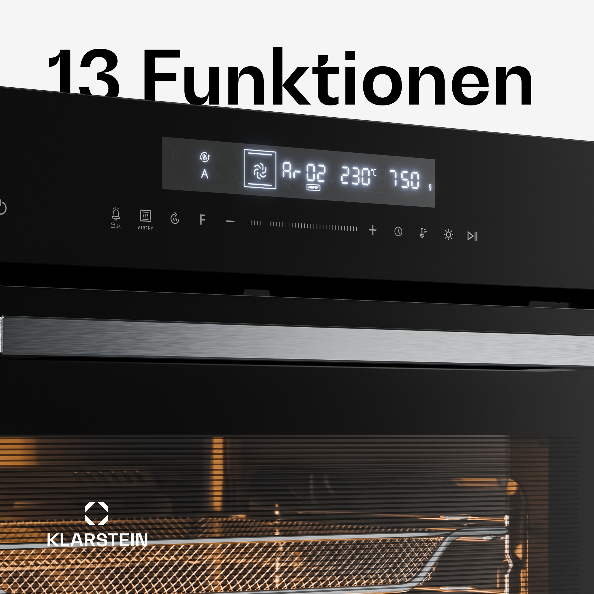 Schwarzer Klarstein Backofen mit digitalem Display, Touch-Bedienfeld und erleuchtetem Innenraum mit Airfryer-Korb.