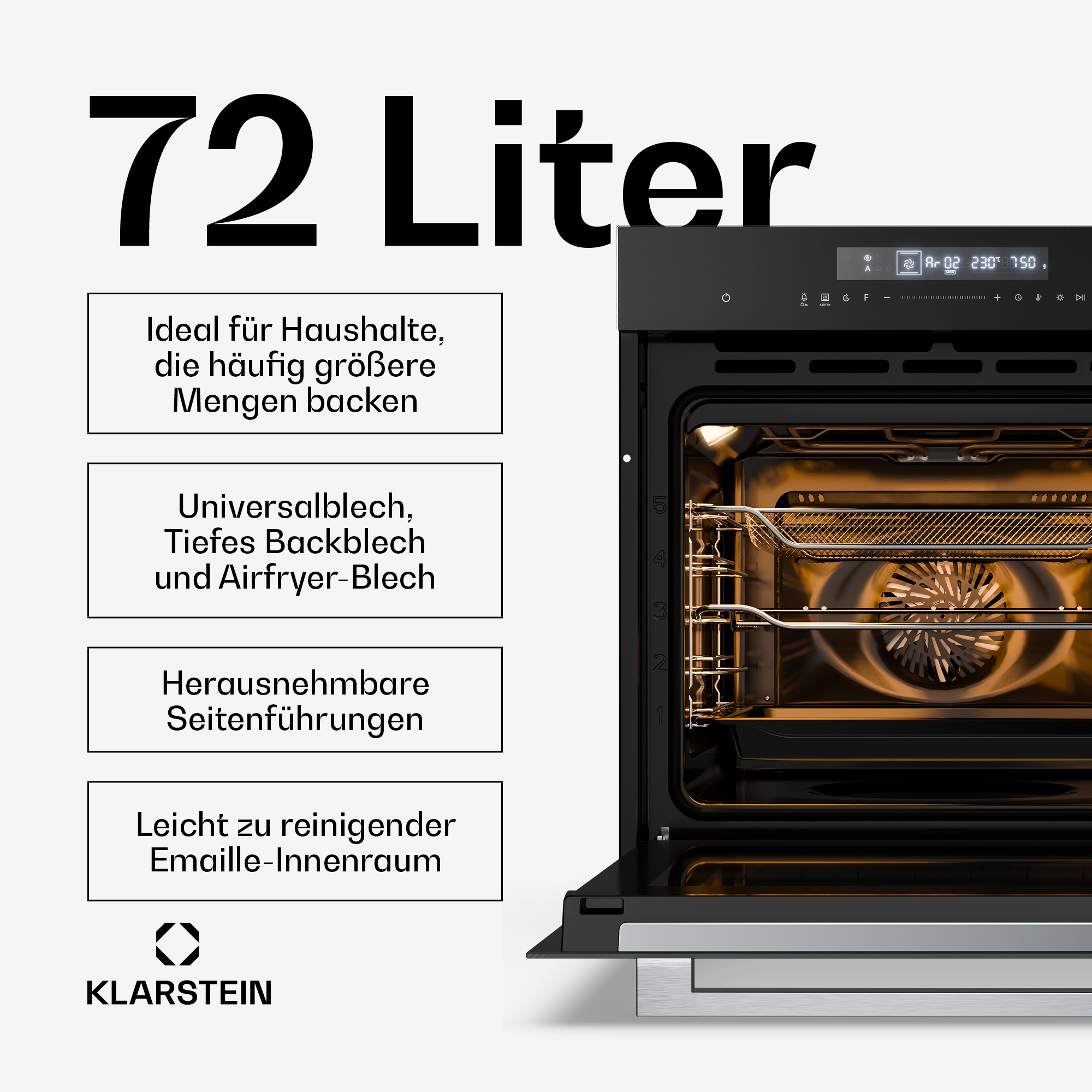 Klarstein Ofen mit 72L Fassungsvermögen und Zubehör auf weißem Hintergrund mit Text.