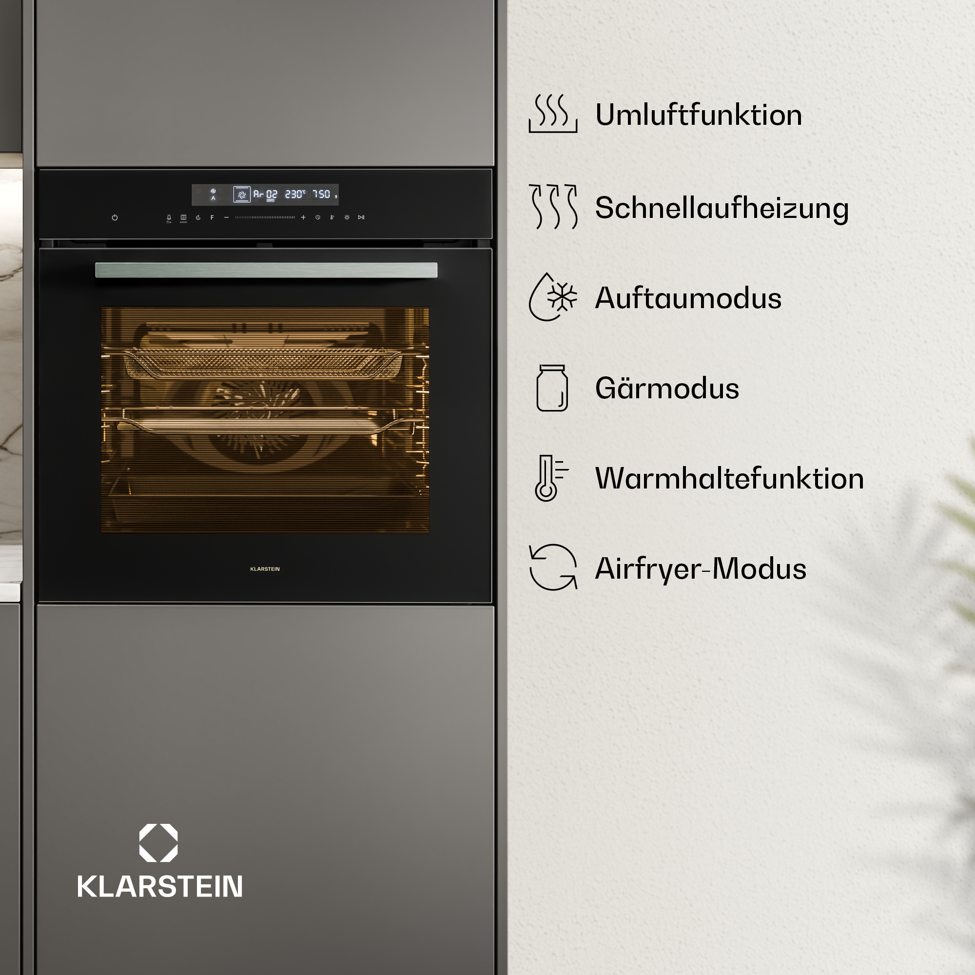 Grauer Klarstein Ofen mit digitalen Bedienelementen und Symbolen für sechs verschiedene Funktionen auf der rechten Seite.