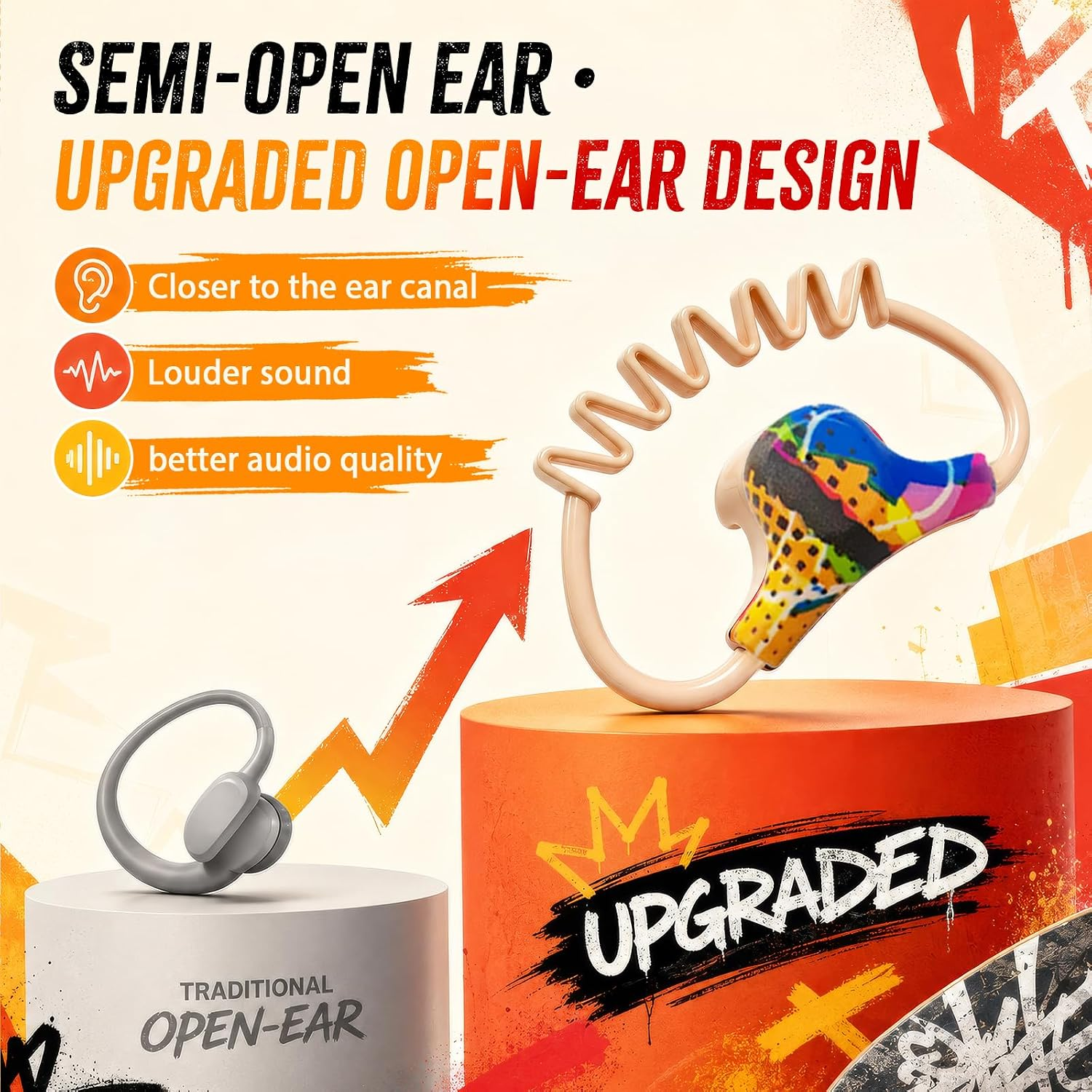 Werbung für Kopfhörer mit verbessertem Design auf Podesten neben einem traditionellen grauen Kopfhörer.
