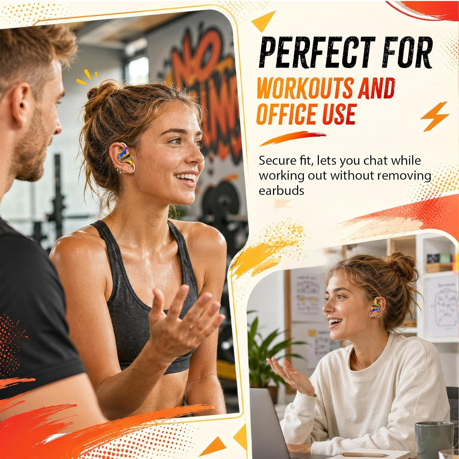 Eine Frau trägt Earbuds beim Workout und im Büro und lächelt dabei.