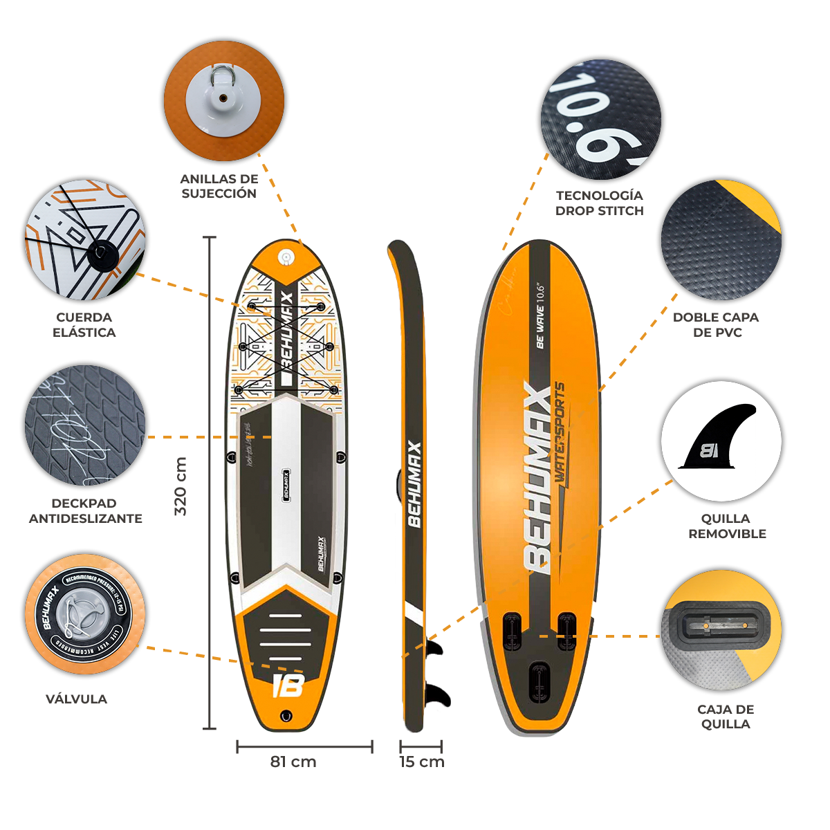 Diagrama técnico de una tabla de paddle surf naranja y negra mostrando dimensiones, válvula, almohadilla y quillas.