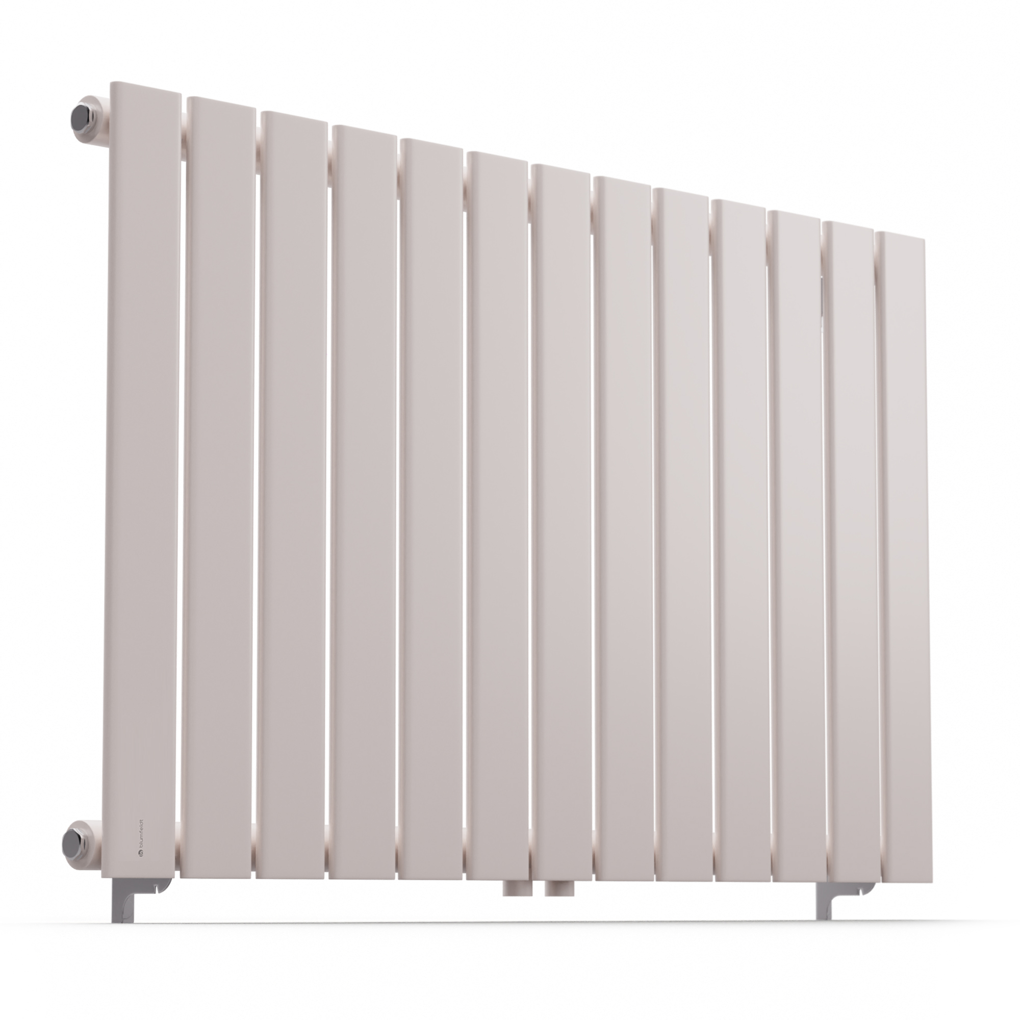 Un termosifone piatto bianco moderno con alette verticali su sfondo bianco.