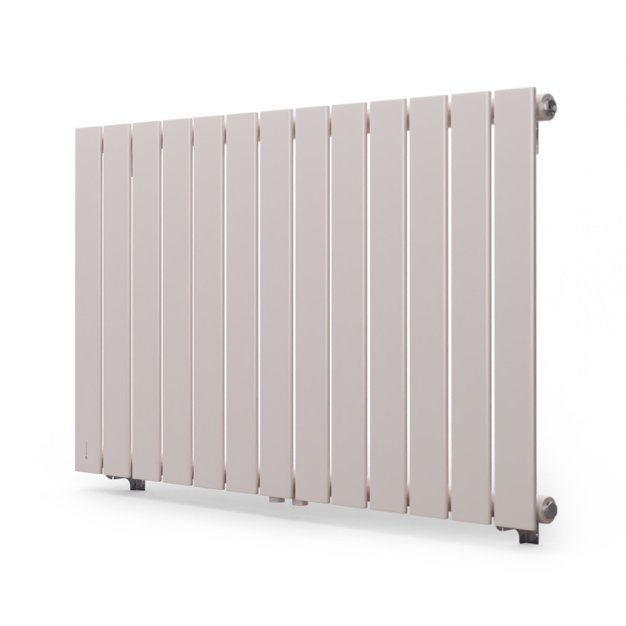 Un termosifone a pannello bianco con lamelle verticali su sfondo bianco.