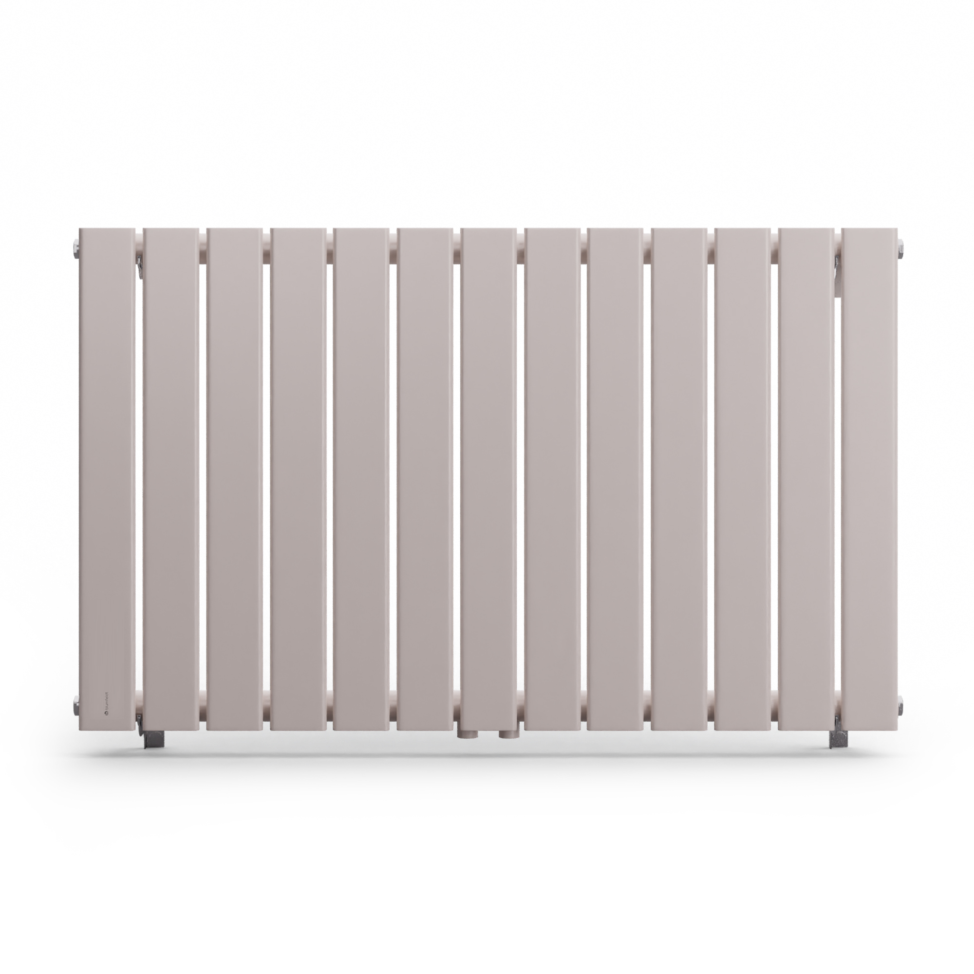 Un moderno termosifone piatto beige con lamelle verticali su sfondo bianco.