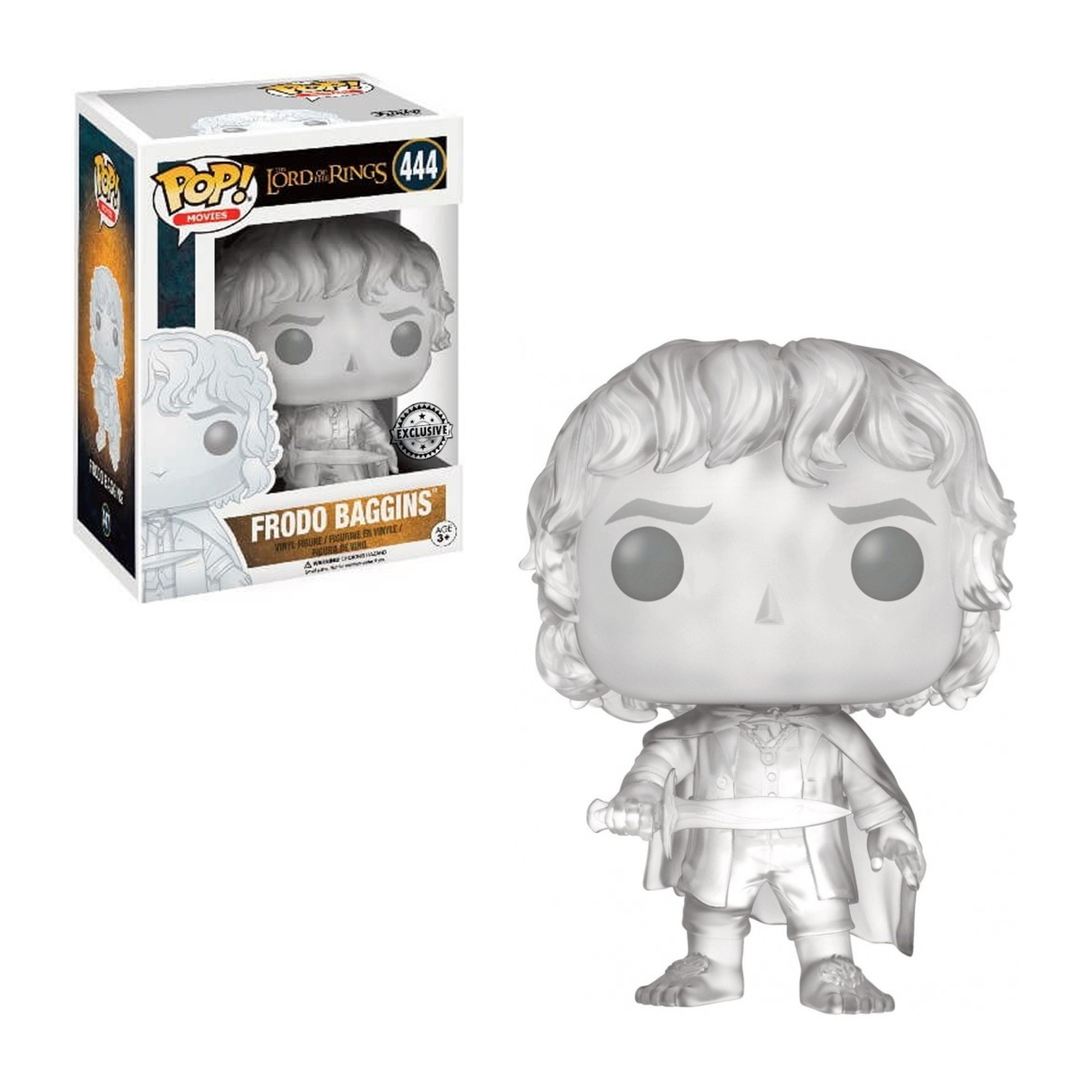 Silberne Frodo Baggins Funko Pop Figur mit Verpackung, die Herr der Ringe darstellt.