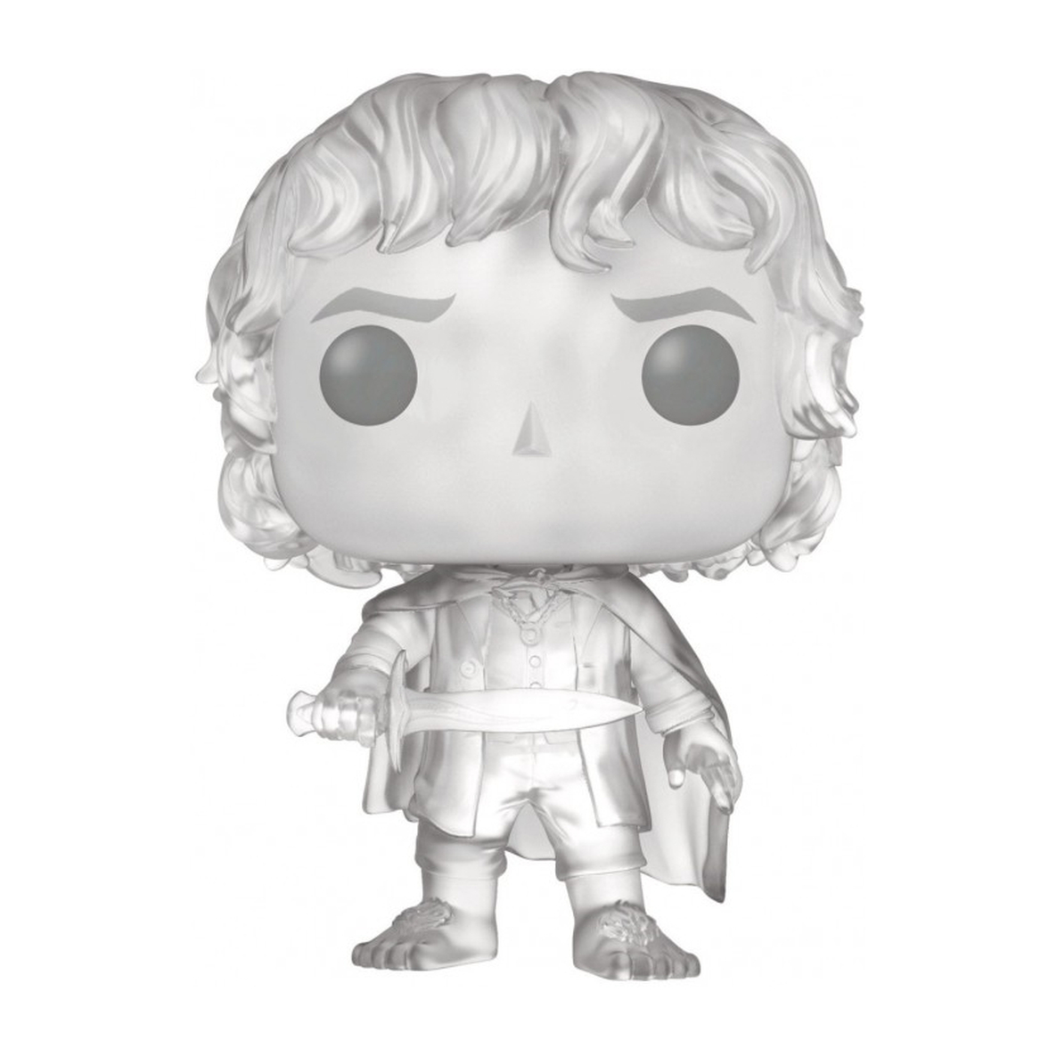 Eine silberne Funko Pop-Figur von Frodo Beutlin mit einem Schwert in der Hand vor weißem Hintergrund.