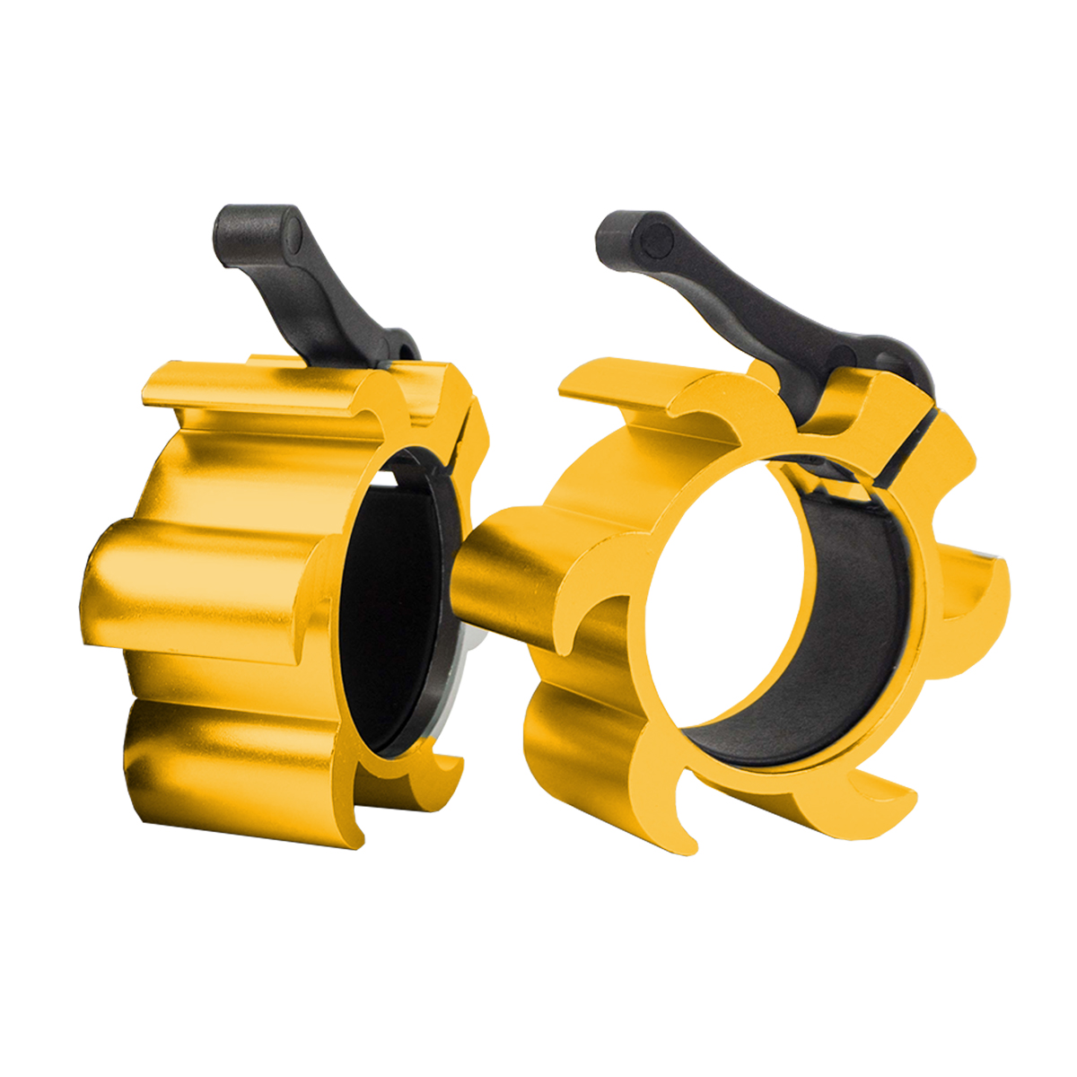 Dos collares de barra de metal dorado con palancas de bloqueo negras sobre fondo blanco.