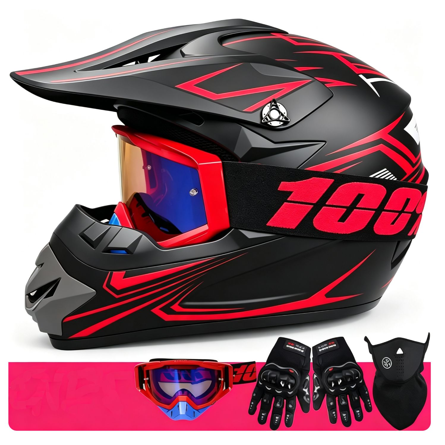 Casco de motocross negro mate con detalles rojos, gafas, guantes y una máscara sobre fondo blanco.