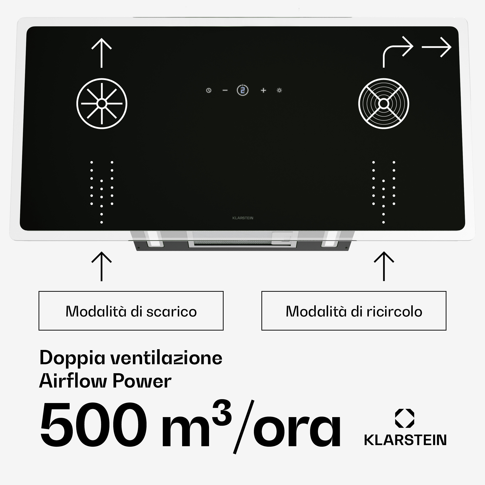 Diagrama de campana extractora de doble ventilación, 500 m³/h, con modos de extracción y recirculación.