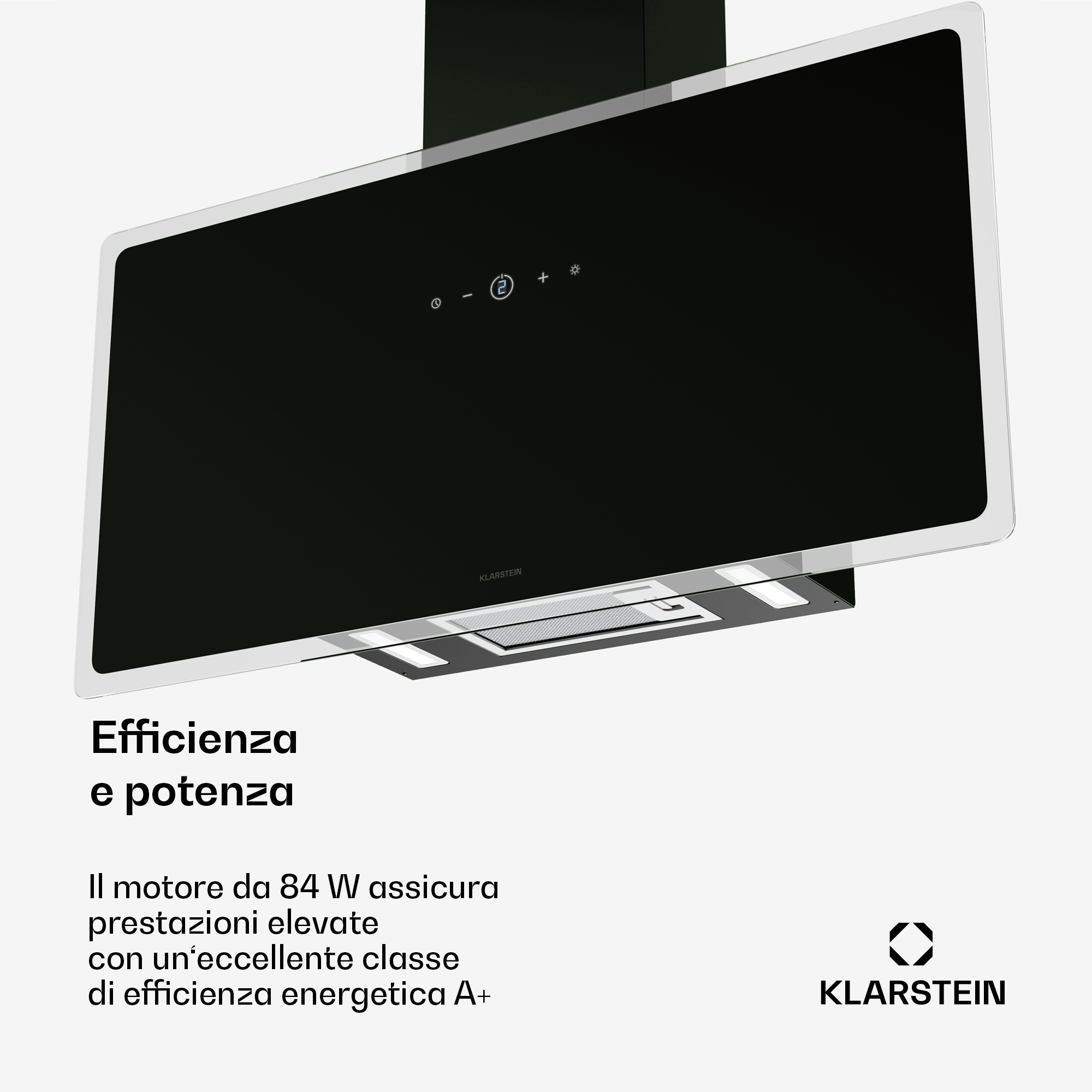 Campana extractora Klarstein negra con control táctil y texto de eficiencia energética A+ en fondo claro.