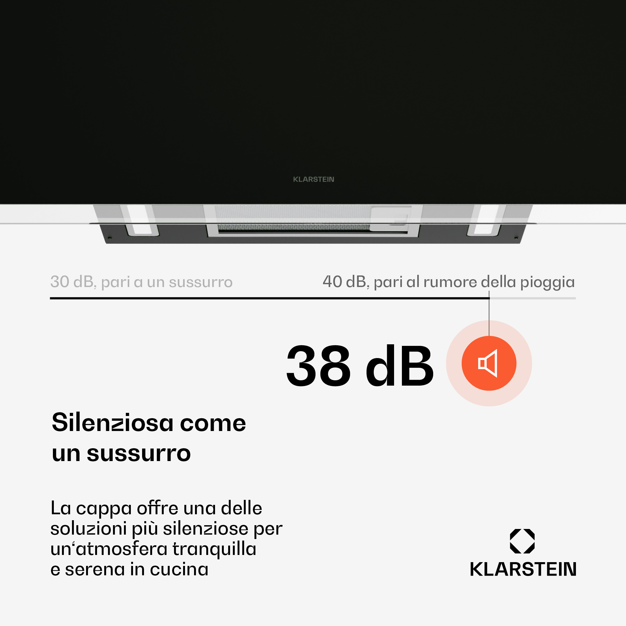 Una campana extractora Klarstein negra con el texto 38 dB y descripciones en italiano sobre su funcionamiento silencioso.