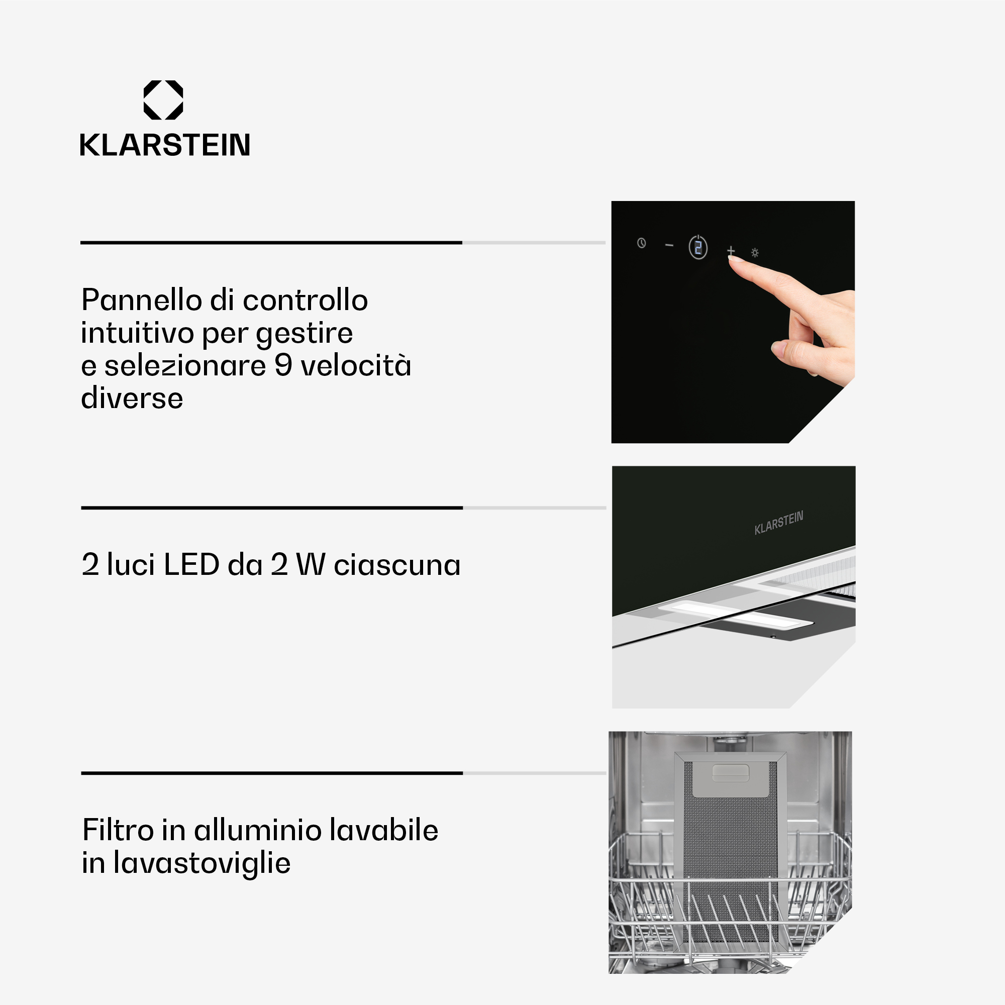La campana Klarstein incluye controles intuitivos, dos luces LED y un filtro apto para lavavajillas.