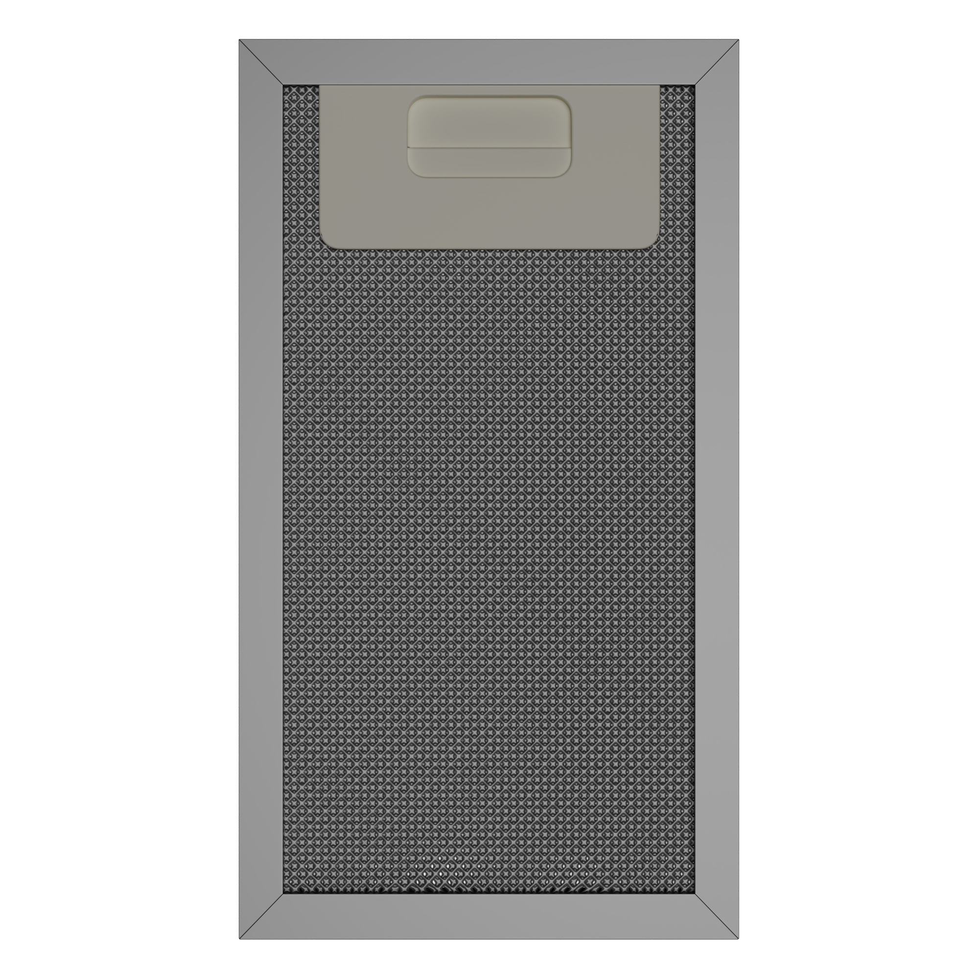 Filtro de cocina rectangular con marco de metal gris, patrón de malla fina y un asa arriba.
