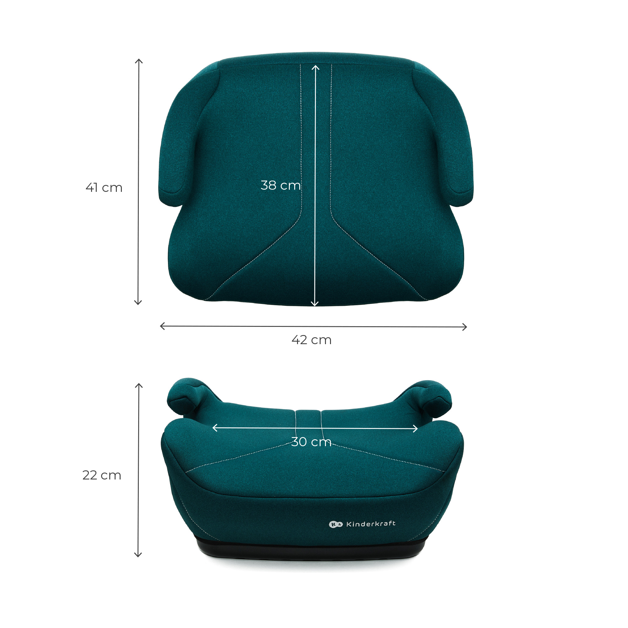 Asiento de coche elevado verde con flechas de dimensión que muestran la altura, anchura y profundidad.