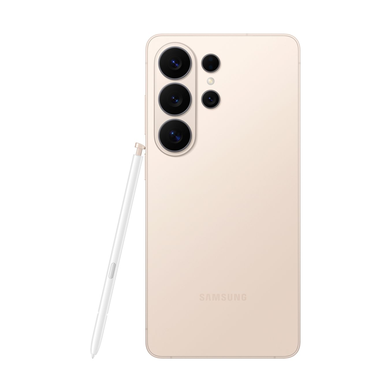 Smartphone Samsung beige visto da dietro, con tre obiettivi fotografici e una penna bianca a lato su sfondo bianco.