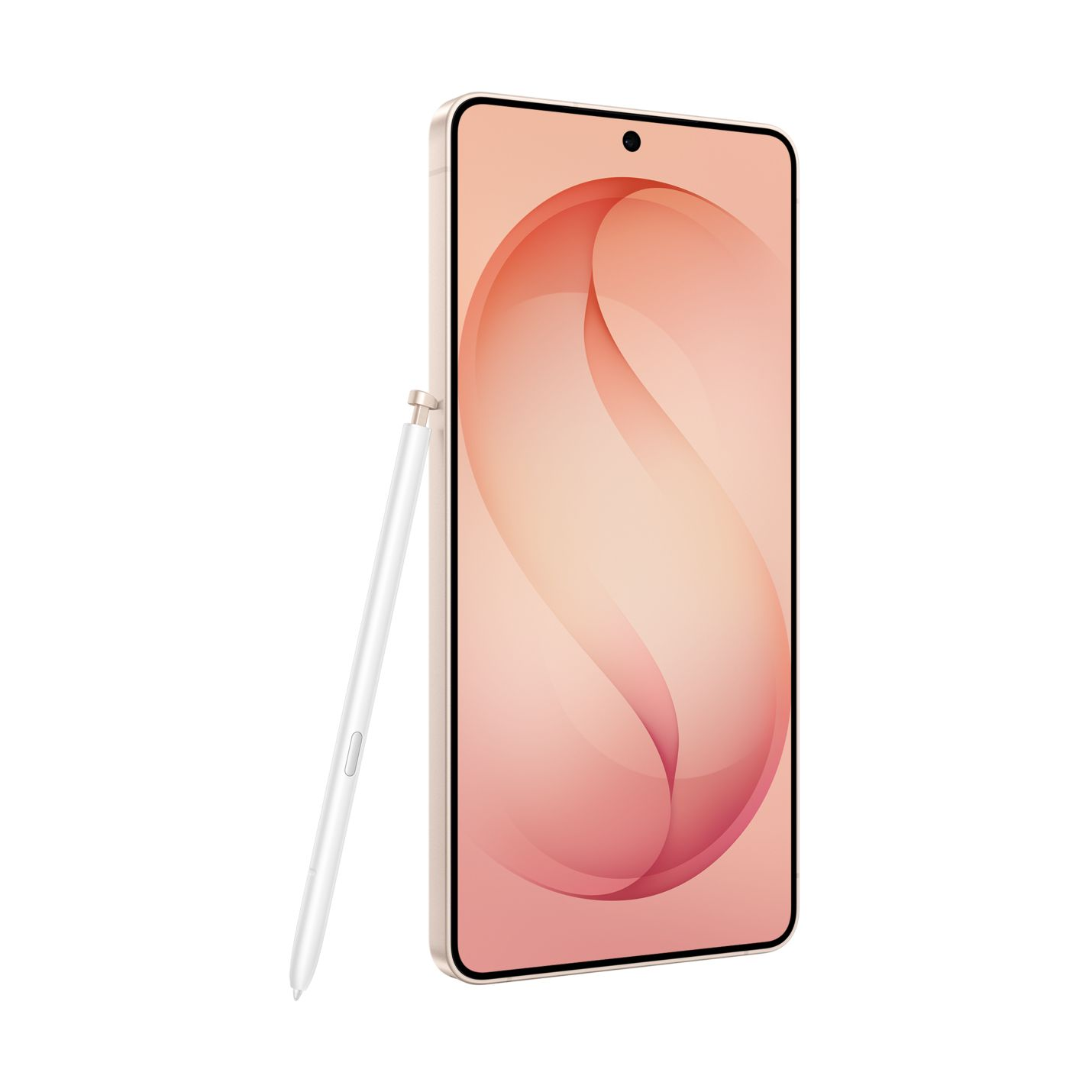 Smartphone oro rosa con sfondo astratto color pesca e pennino abbinato appoggiato di lato.