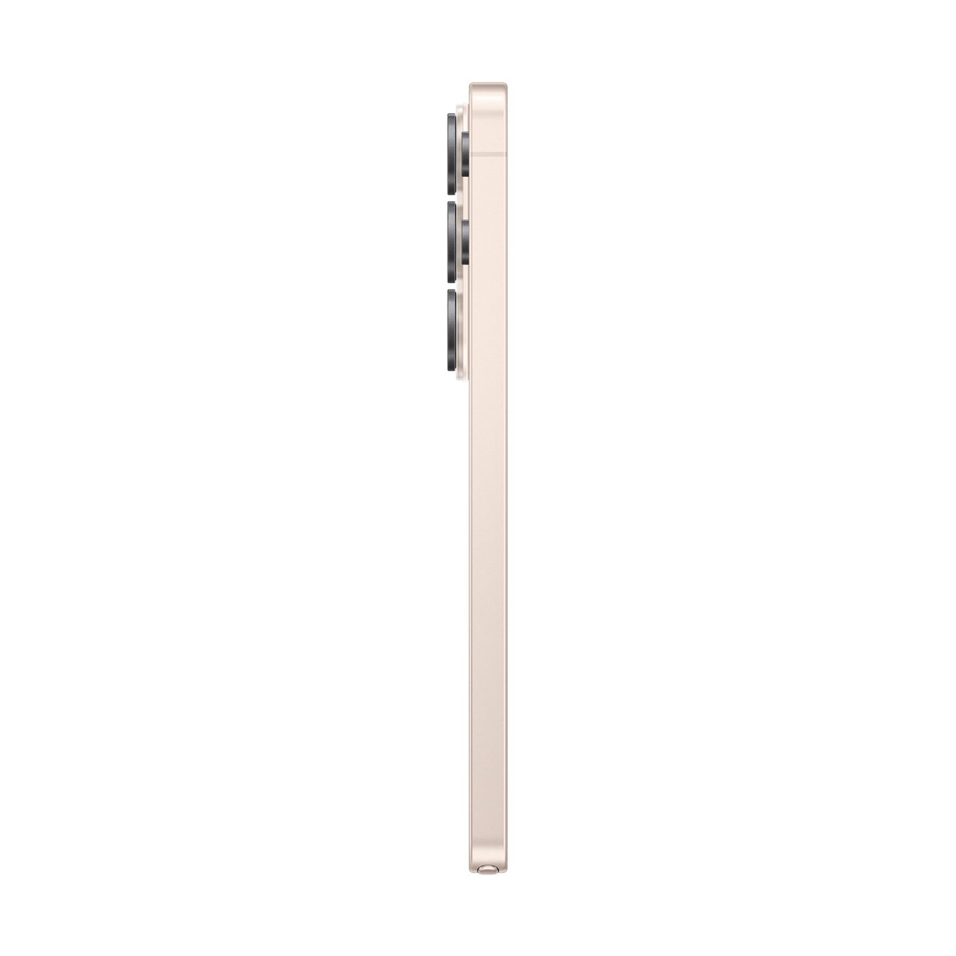 Vista laterale di uno smartphone beige con tre obiettivi fotografici su sfondo bianco.