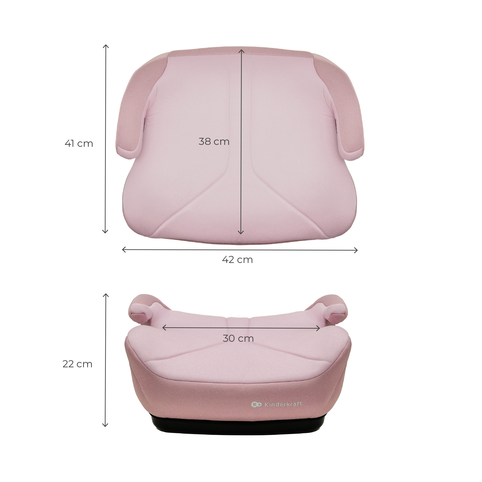Vistas superior y frontal de un asiento de coche elevado rosa con dimensiones en centímetros.