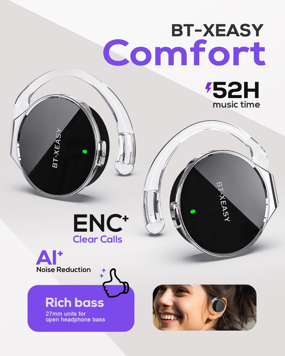 Werbebild für BT-XEASY Comfort Kopfhörer mit transparenten Ohrenbügeln, Funktionen und lächelnder Nutzerin.