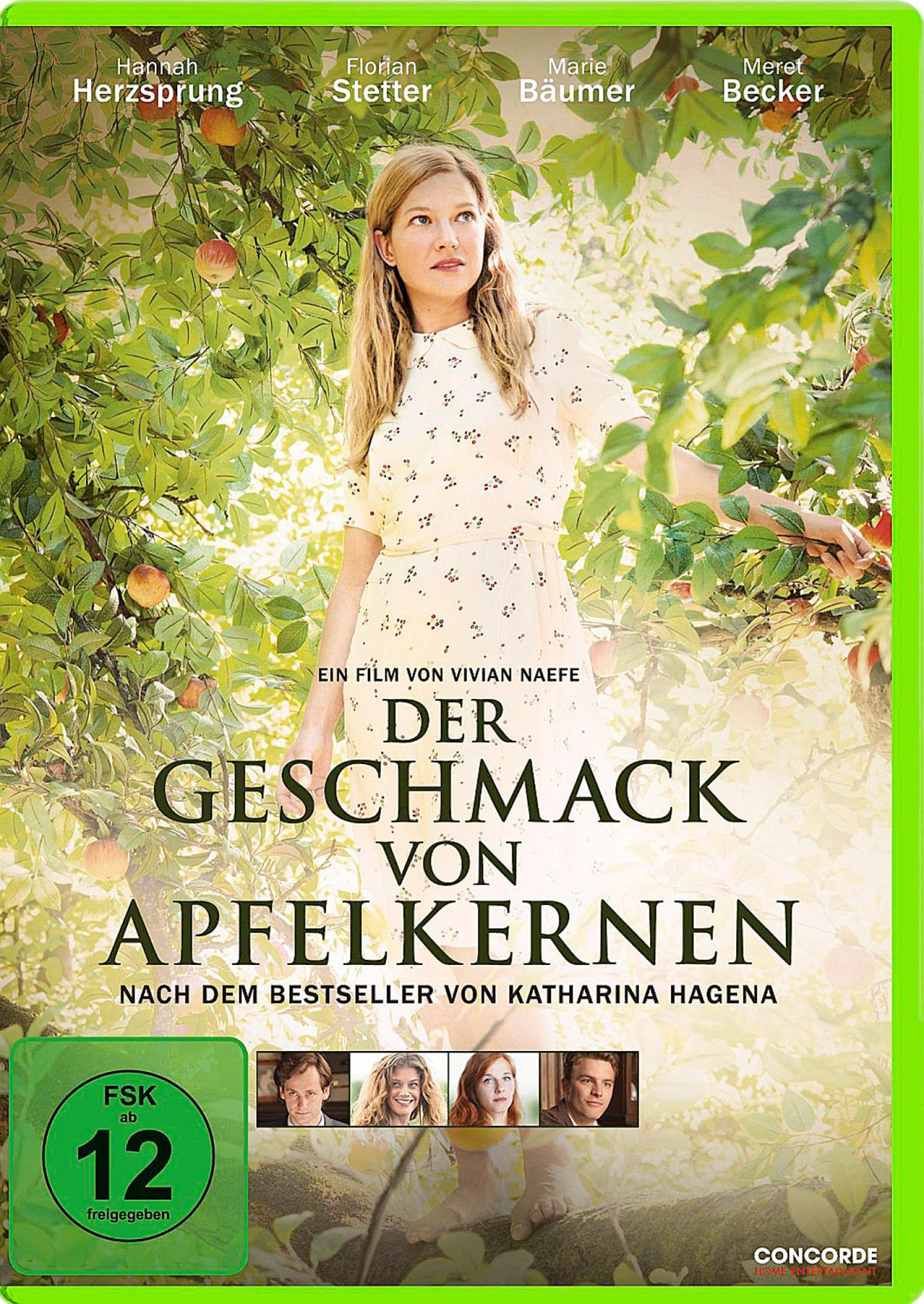 Filmcover von Der Geschmack von Apfelkernen mit Hannah Herzsprung in einem Apfelhain.