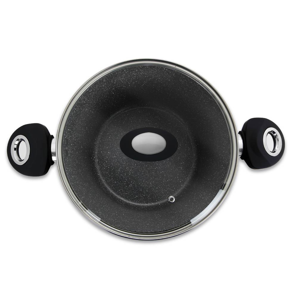 Vista superior de una olla de cocina de granito negro con tapa de vidrio y dos asas negras sobre fondo blanco.