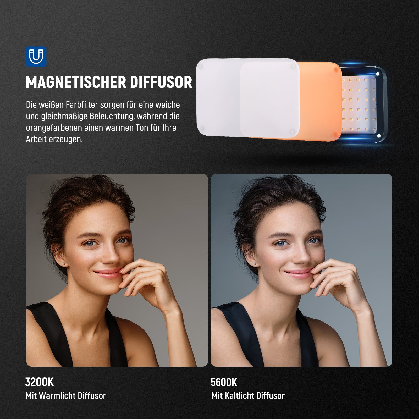 LED-Licht mit Magnetdiffusoren im Vergleich: 3200K warmes Licht und 5600K kaltes Licht auf einem Frauenporträt.