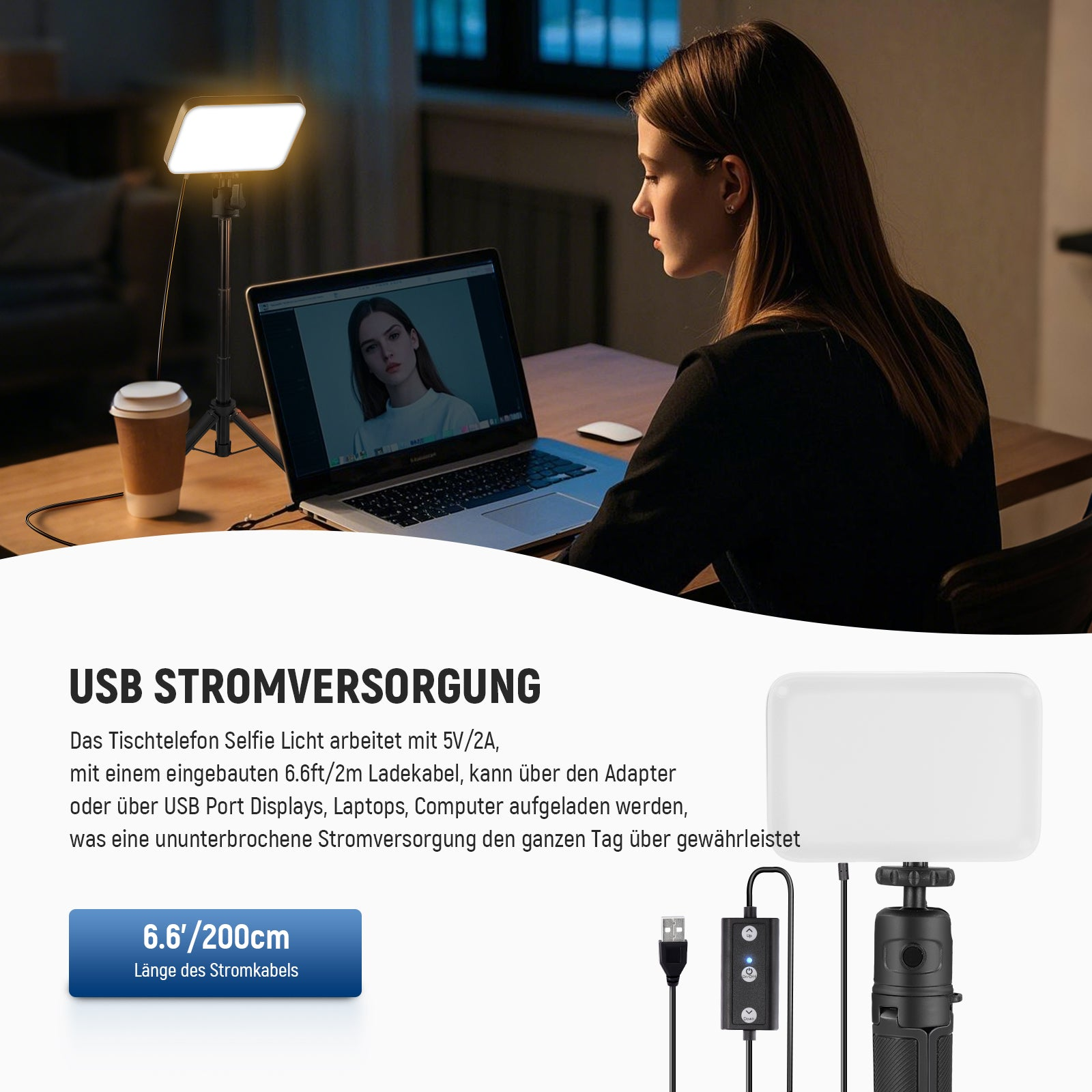 Eine Frau arbeitet an einem Laptop mit LED-Beleuchtung und Textoverlays auf dem Bild.
