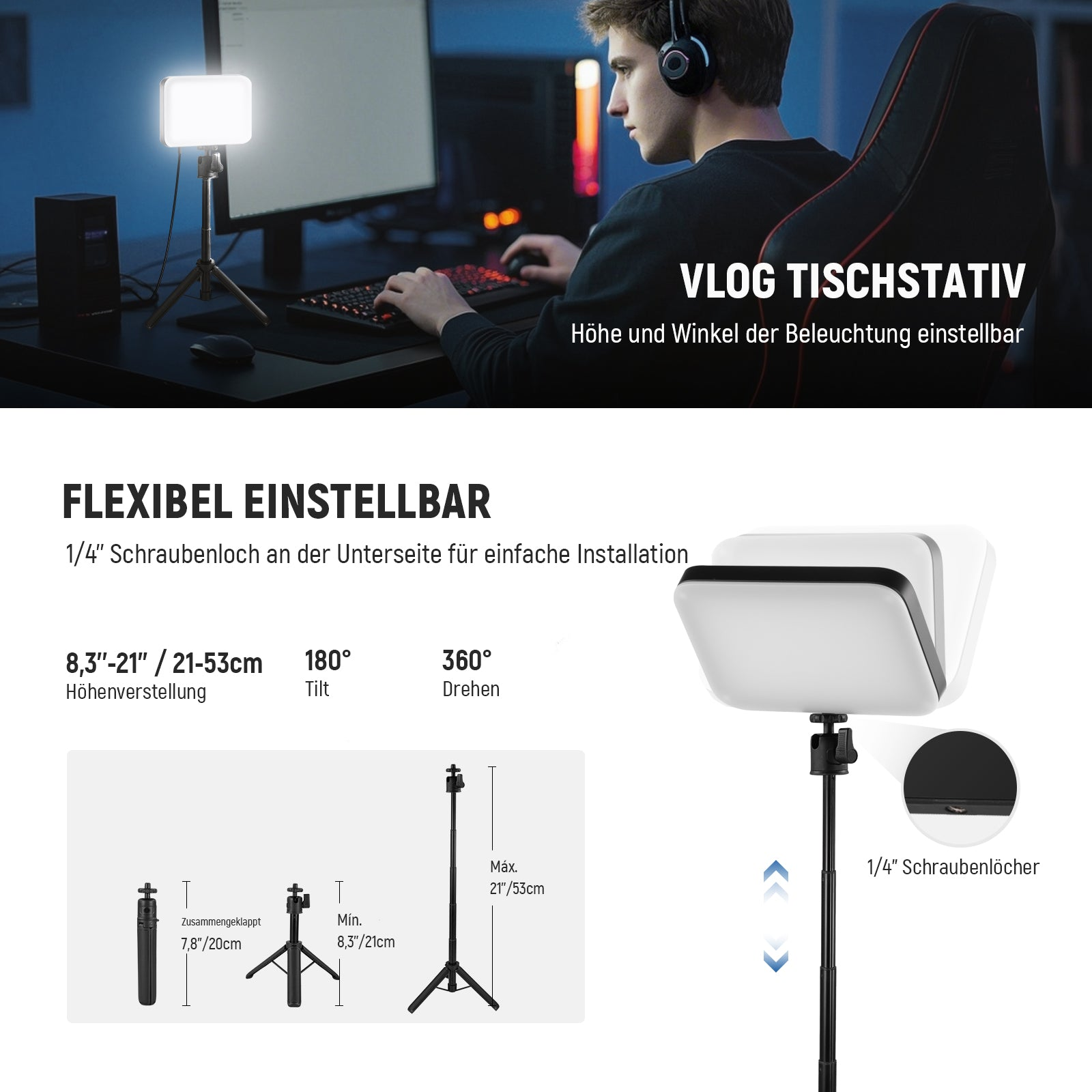 Werbung für ein verstellbares VLOG-Tischstativ mit Lampe, das in Höhe, Neigung und Drehung anpassbar ist.