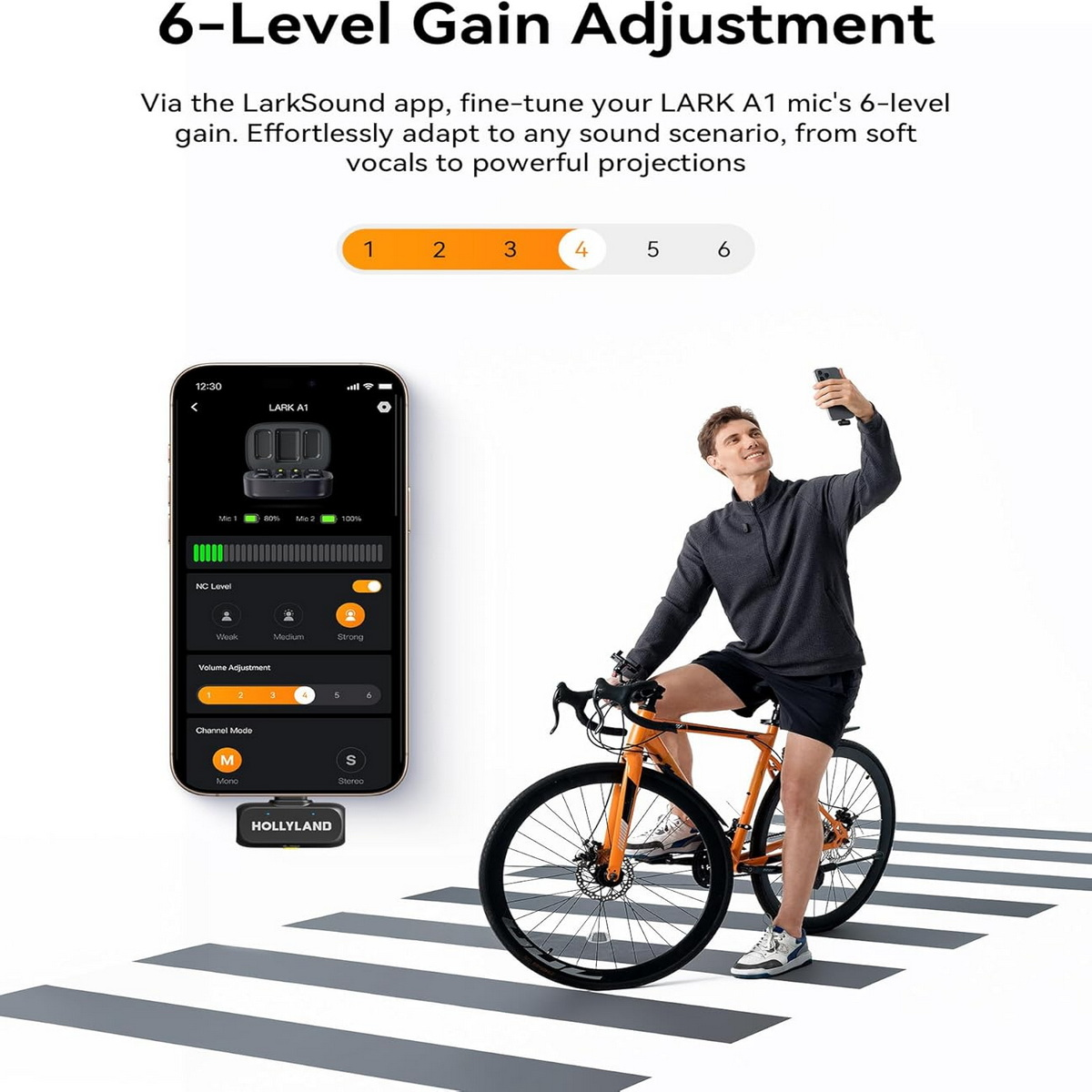 Ein Mann auf einem Fahrrad hält ein Smartphone hoch, daneben ist eine App mit Verstärkungsregelung zu sehen.