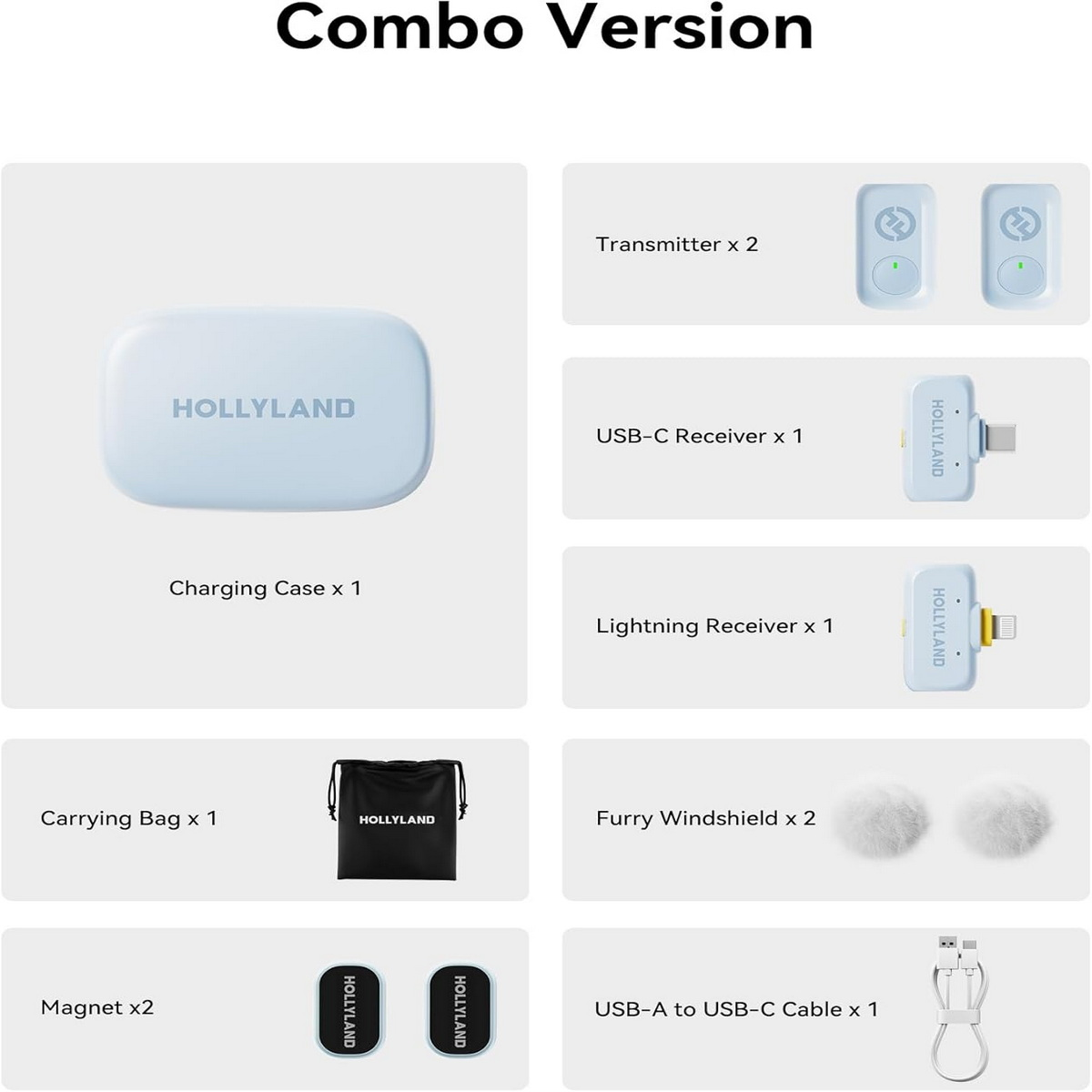 Combo-Version mit Ladecase, zwei Transmittern, USB-C- und Lightning-Empfängern, Tasche, Windschutz, Kabel und Magneten.