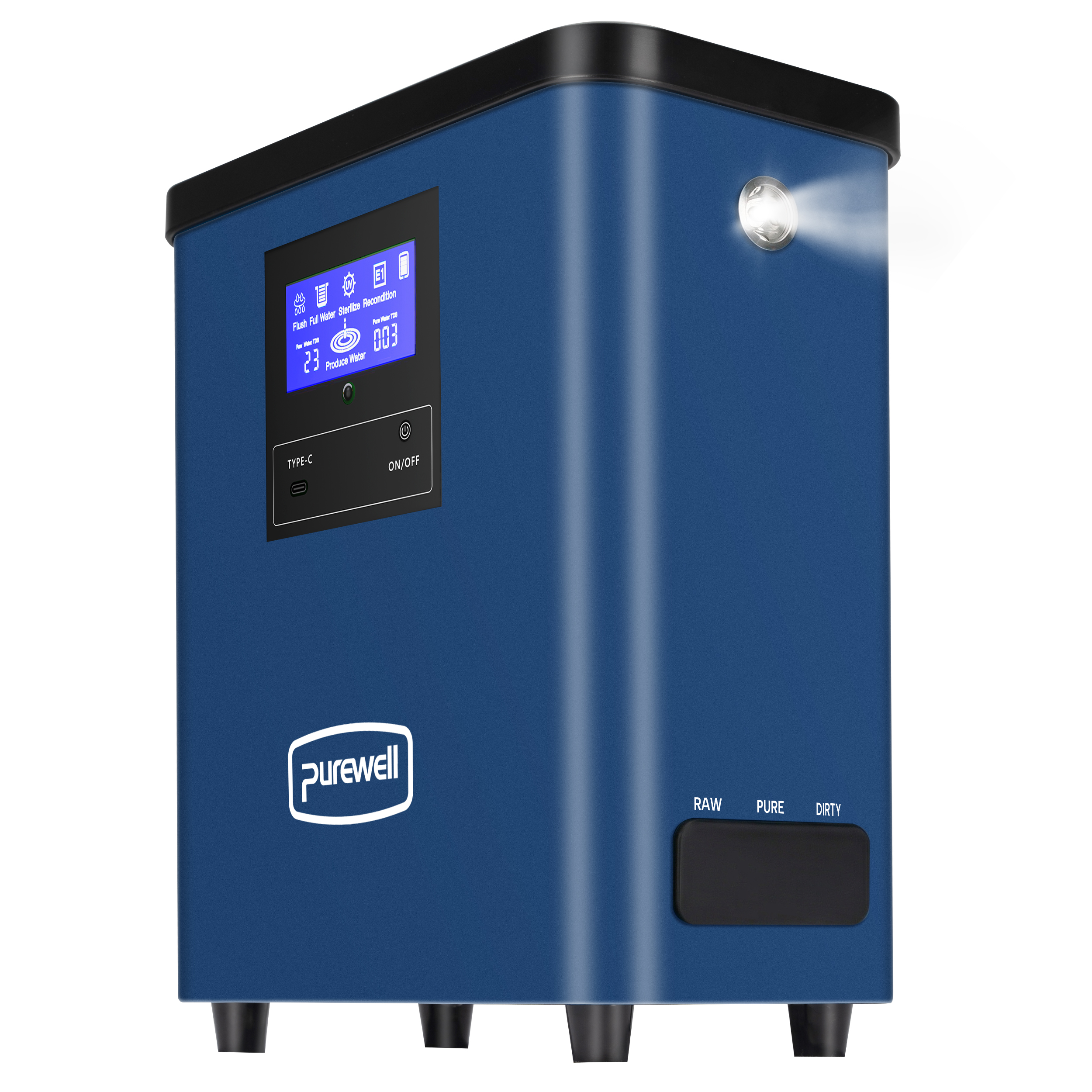 Ein blaues Purewell-Wasserfiltrationsgerät mit digitalem Display, Einschalttaste und Statusleuchte auf weißem Grund.