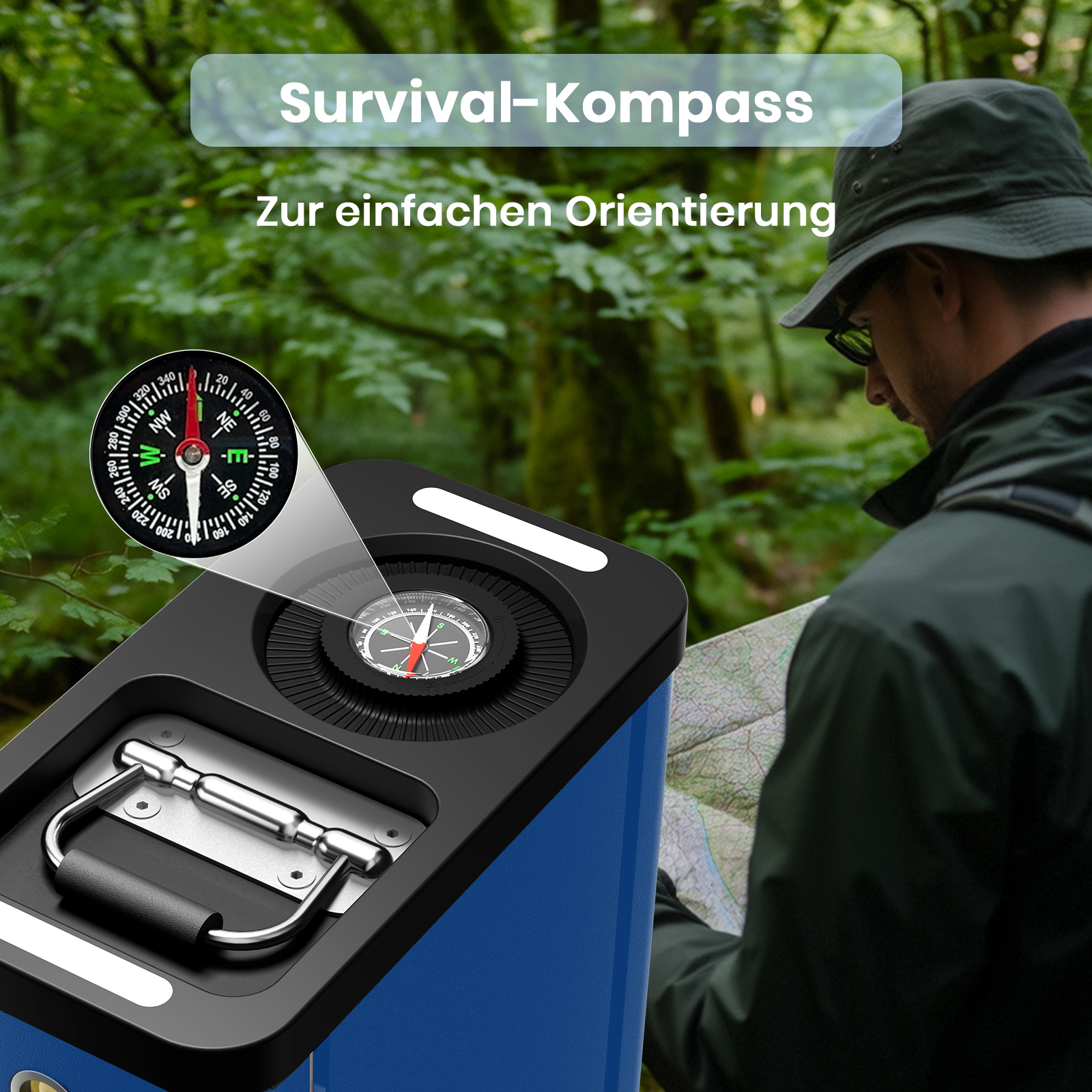 Wanderer liest Karte neben blauem Gerät mit integriertem Kompass im Wald.