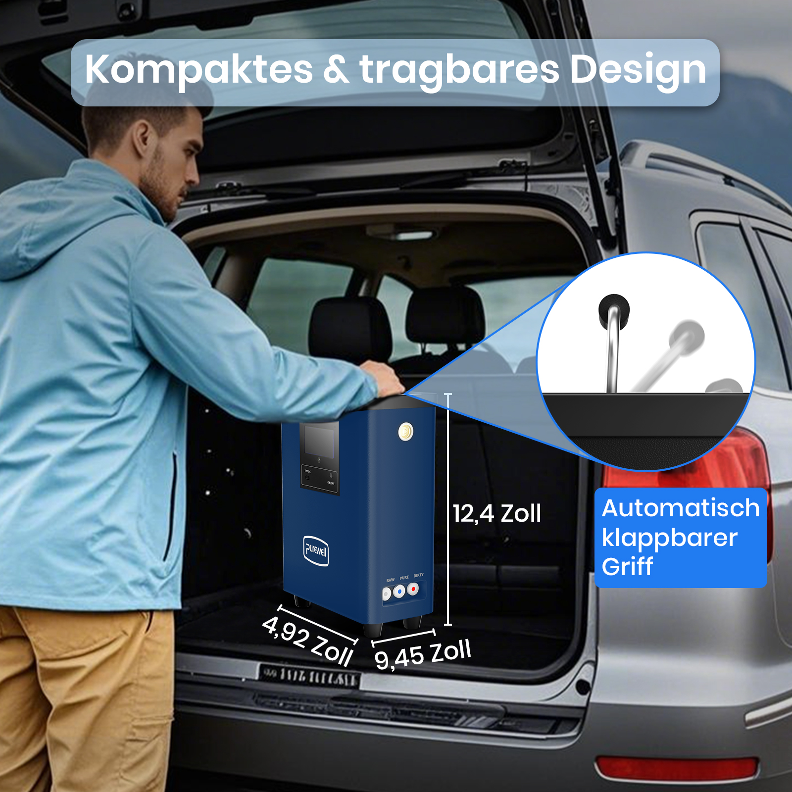 Ein Mann lädt eine kompakte blaue Powerstation mit klappbarem Griff in den Kofferraum eines Autos.