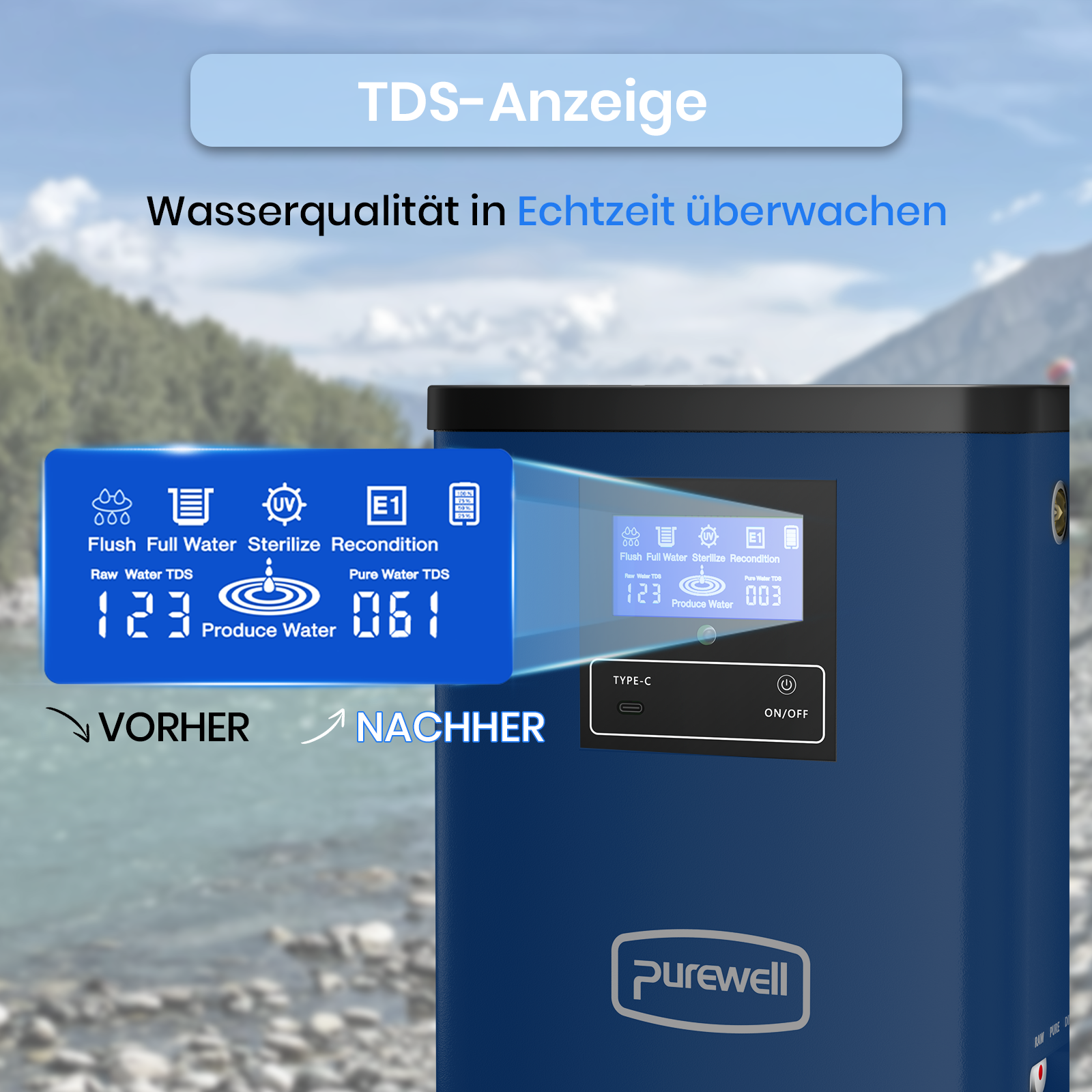 Blaue Wasserfilteranlage mit digitalem Display und Bergen im Hintergrund.