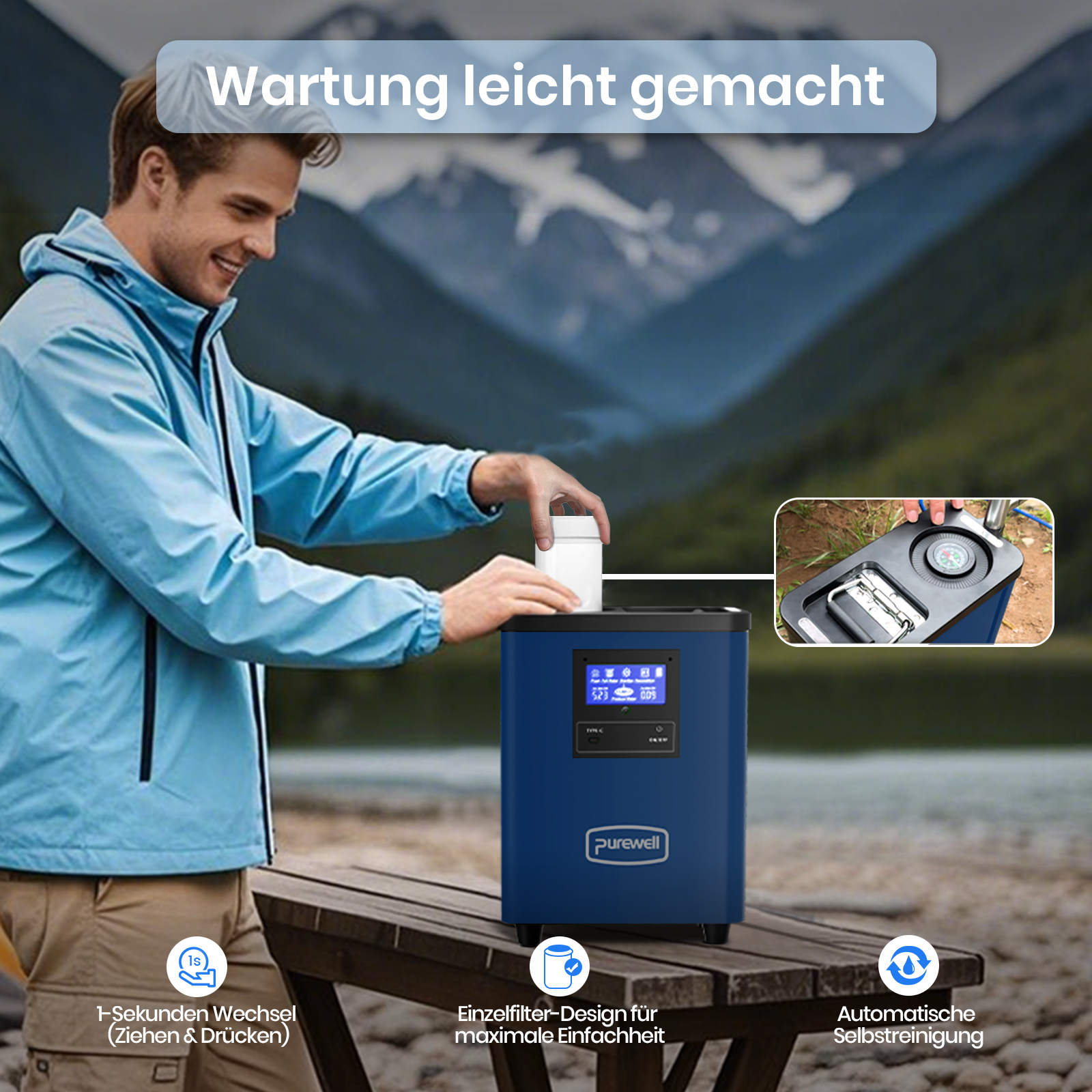 Ein Mann in blauer Jacke bedient ein blaues Purewell-Gerät auf einem Tisch vor einer Bergkulisse.