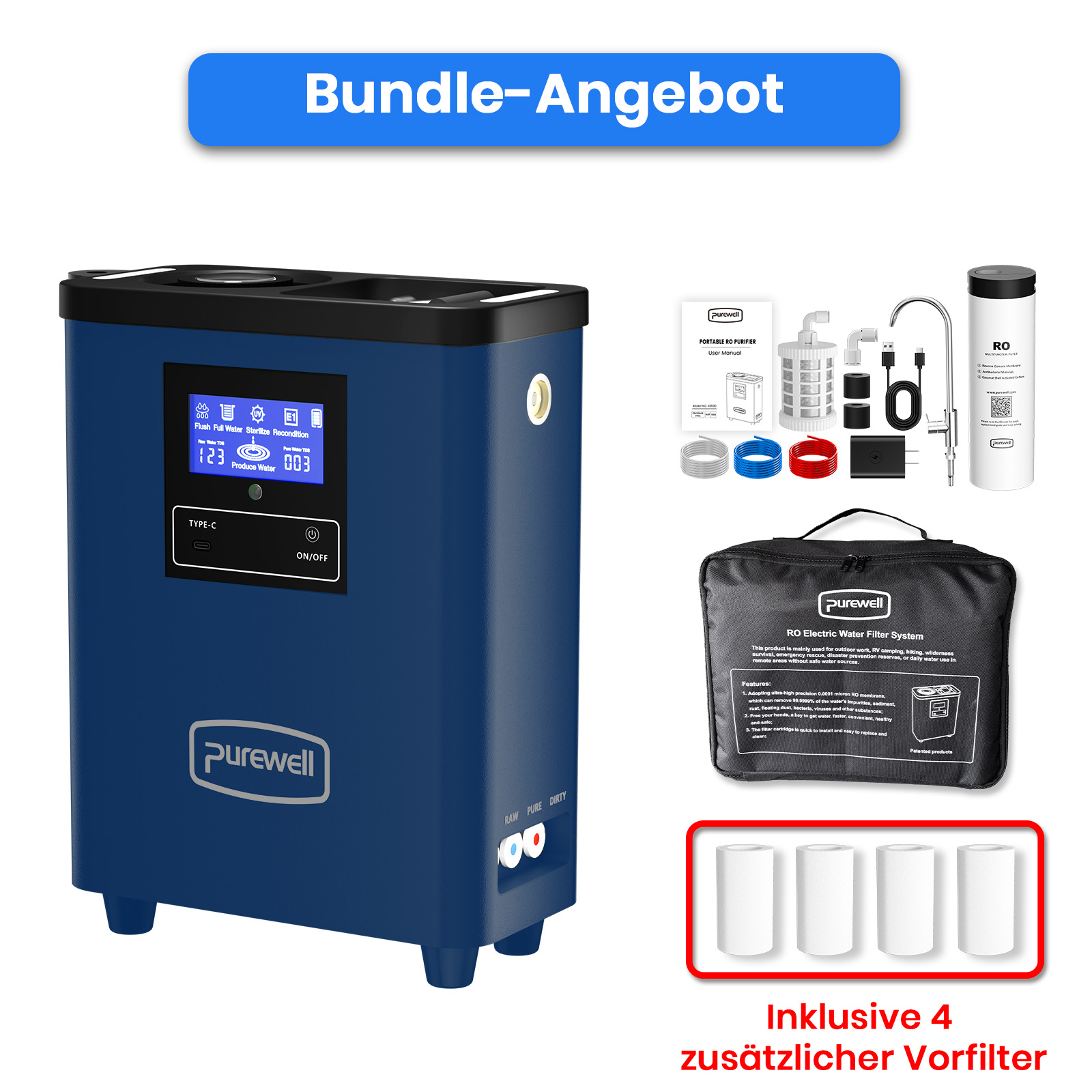 Blaues tragbares Purewell RO-Wasserfiltergerät mit Zubehör, Tragetasche und vier zusätzlichen Vorfiltern.