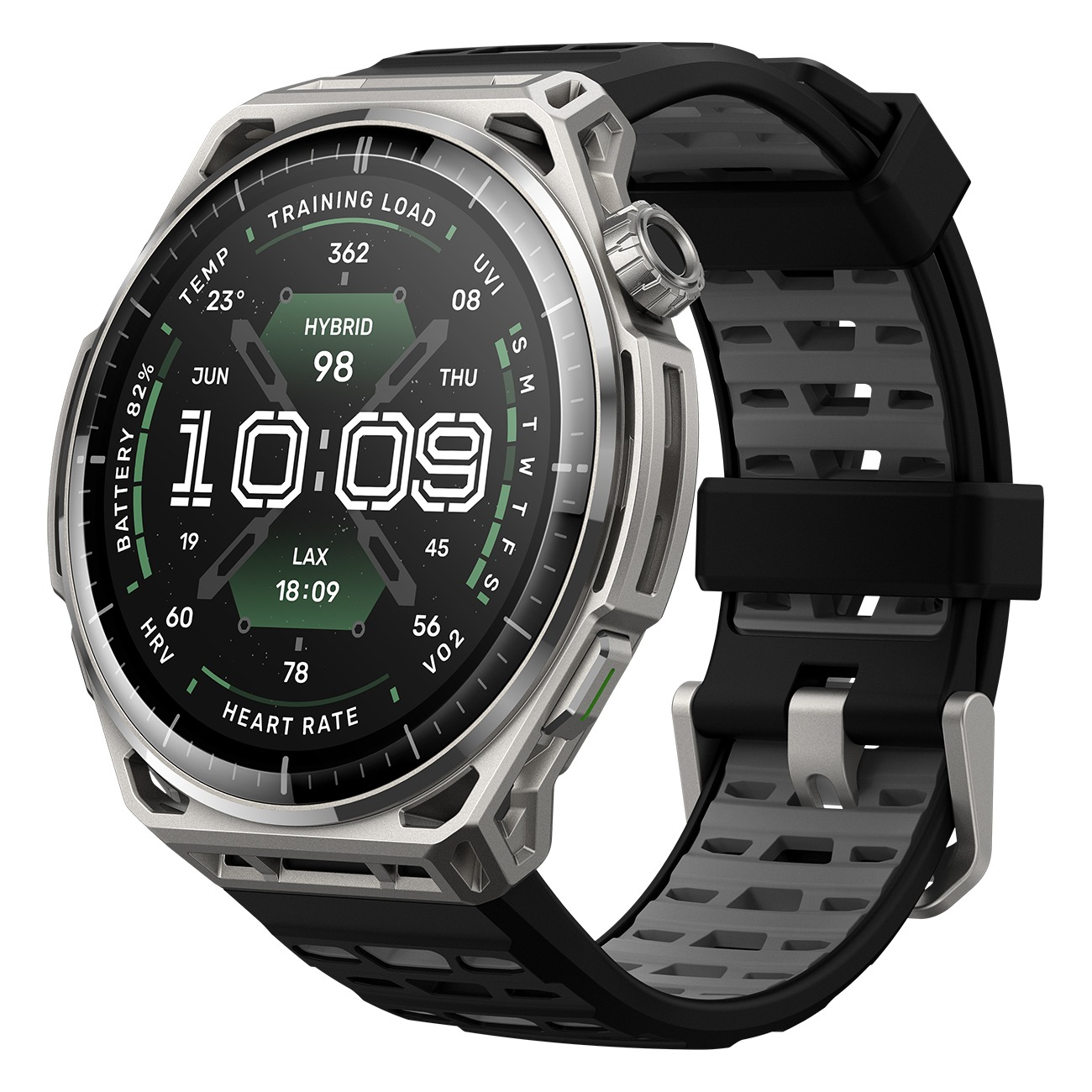 Robuste Smartwatch mit Silberrahmen, digitalem Zifferblatt und schwarzem Silikonarmband mit Ausschnitten.