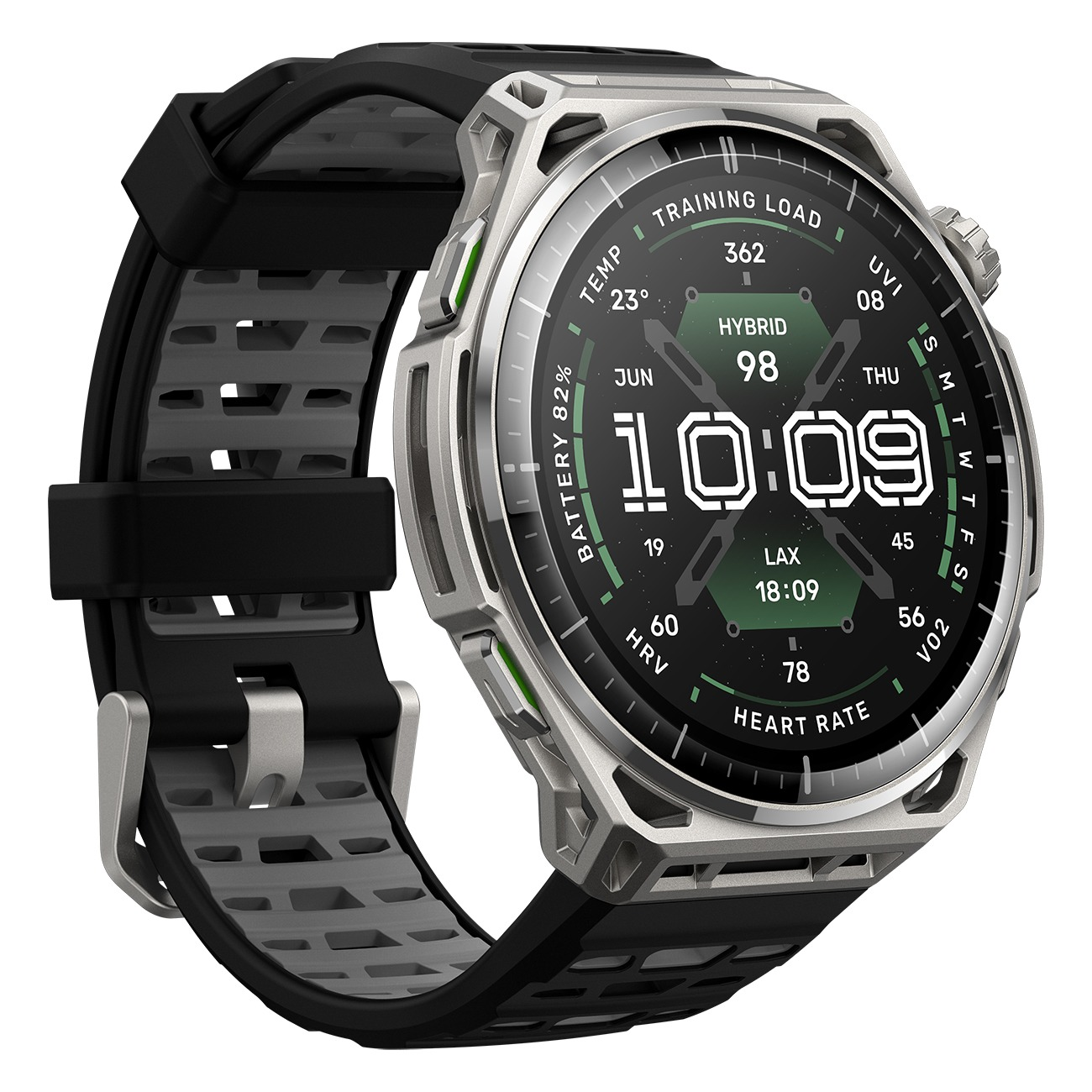 Eine silberne Smartwatch mit schwarzem und grauem Silikonarmband zeigt digitale Uhrzeit und Daten auf schwarzem Display.