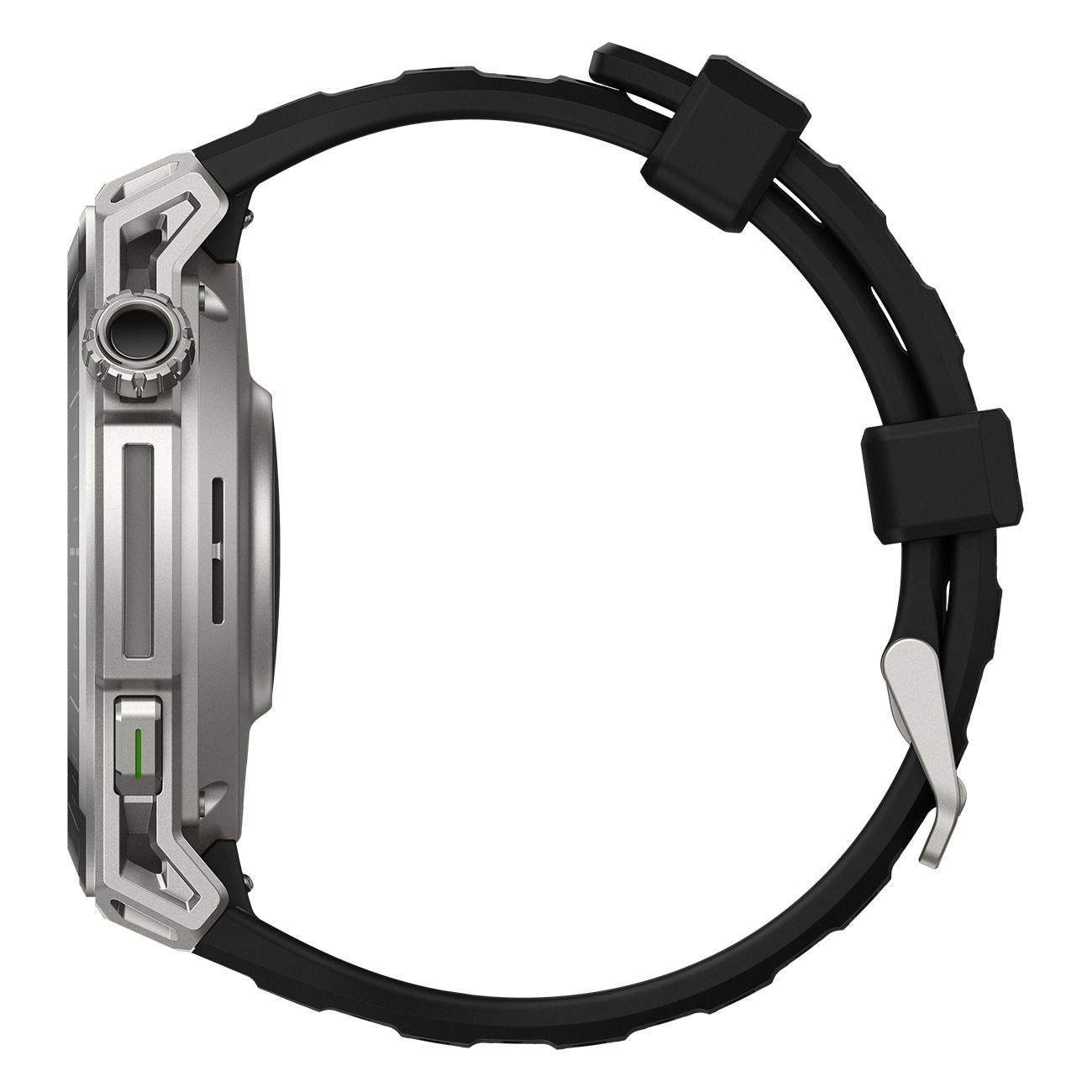 Eine robuste Smartwatch mit silbernem Gehäuse und schwarzem Silikonarmband im Seitenprofil.