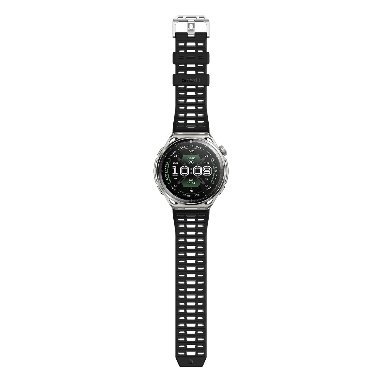 Eine Smartwatch mit silbernem Gehäuse und einem schwarzen, perforierten Silikonarmband auf weißem Hintergrund.