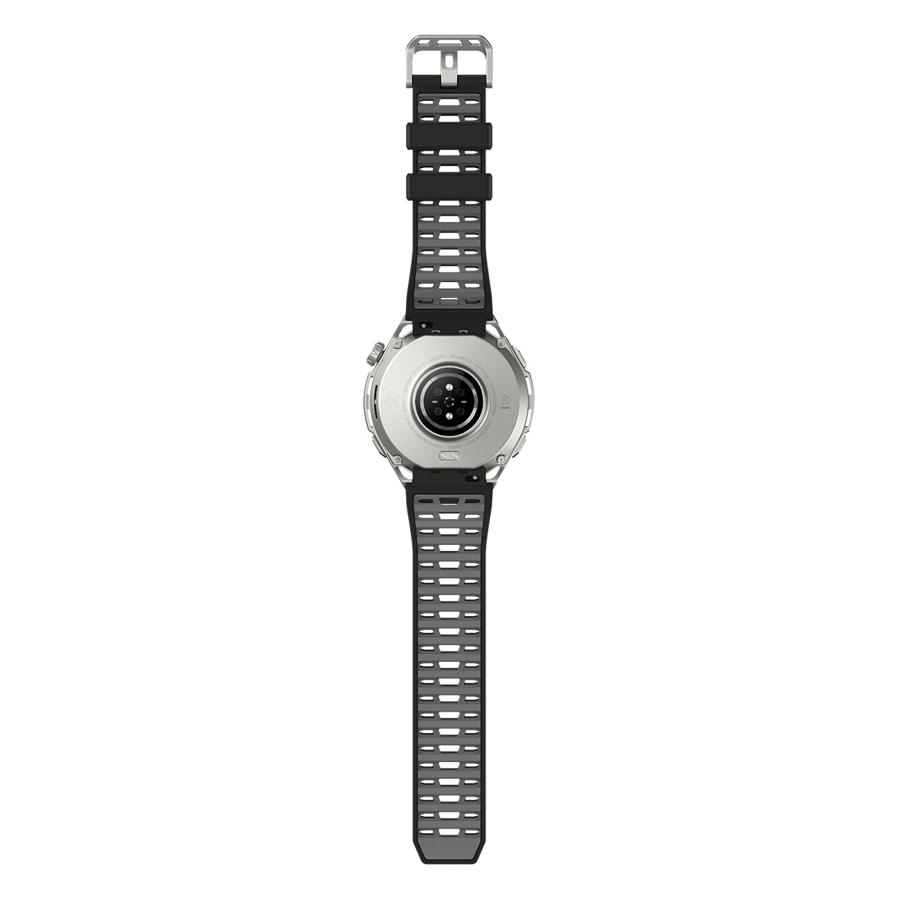 Rückseite einer Smartwatch mit silbernem Gehäuse und schwarzem, perforierten Silikonarmband vor weißem Hintergrund.