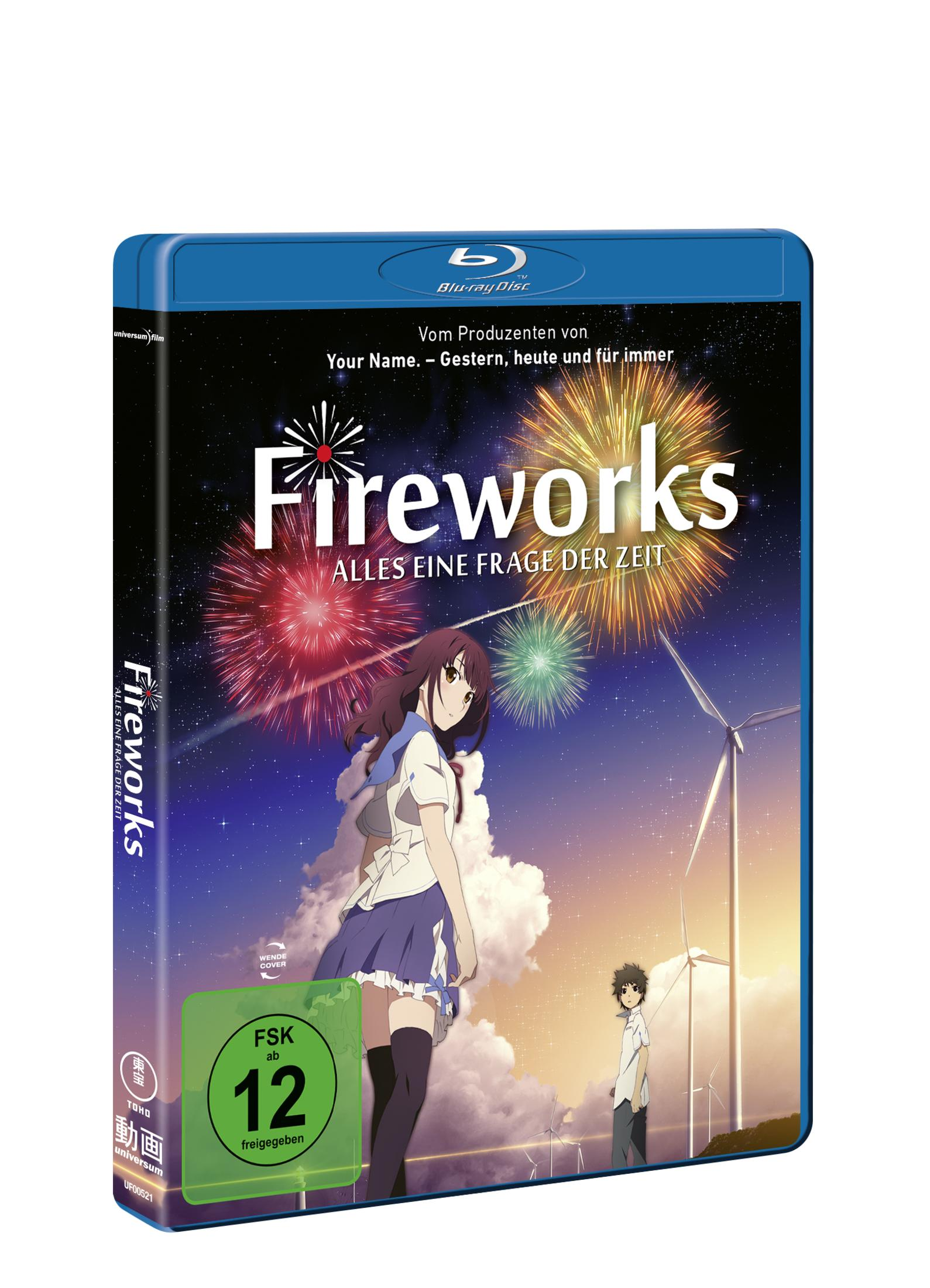 Blu-ray-Hülle des Anime-Films 'Fireworks' mit farbigen Feuerwerken, einer Schülerin und einem Jungen vor Windrädern.