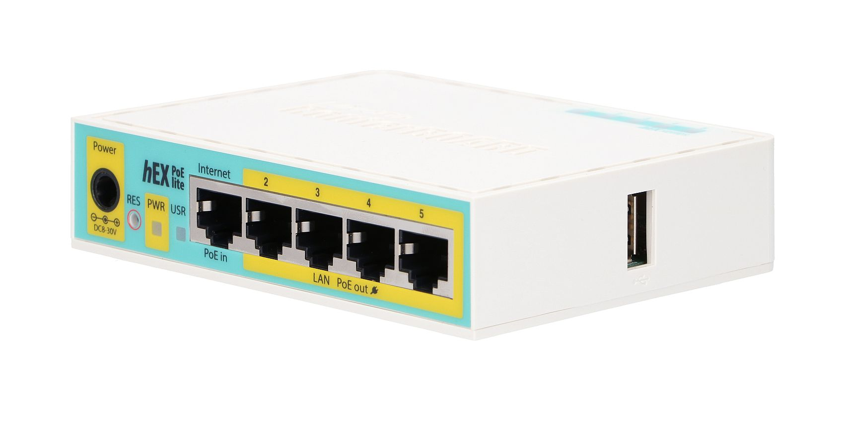 Un router di rete hEX PoE lite bianco con porta di alimentazione, cinque porte ethernet e una porta USB.
