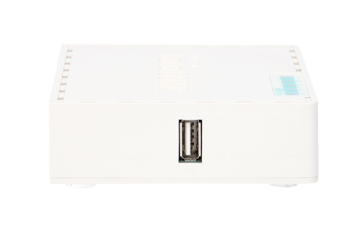 Un dispositivo elettronico bianco con una porta USB sul davanti.