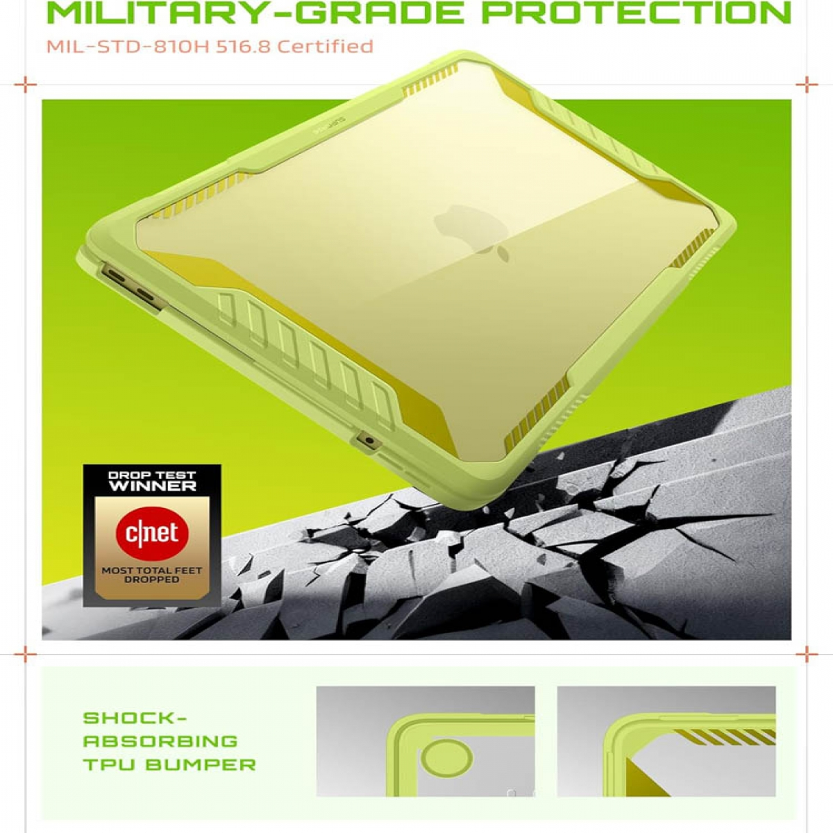 Grüne stoßfeste Laptop-Hülle über rissigem Boden mit CNET-Logo.